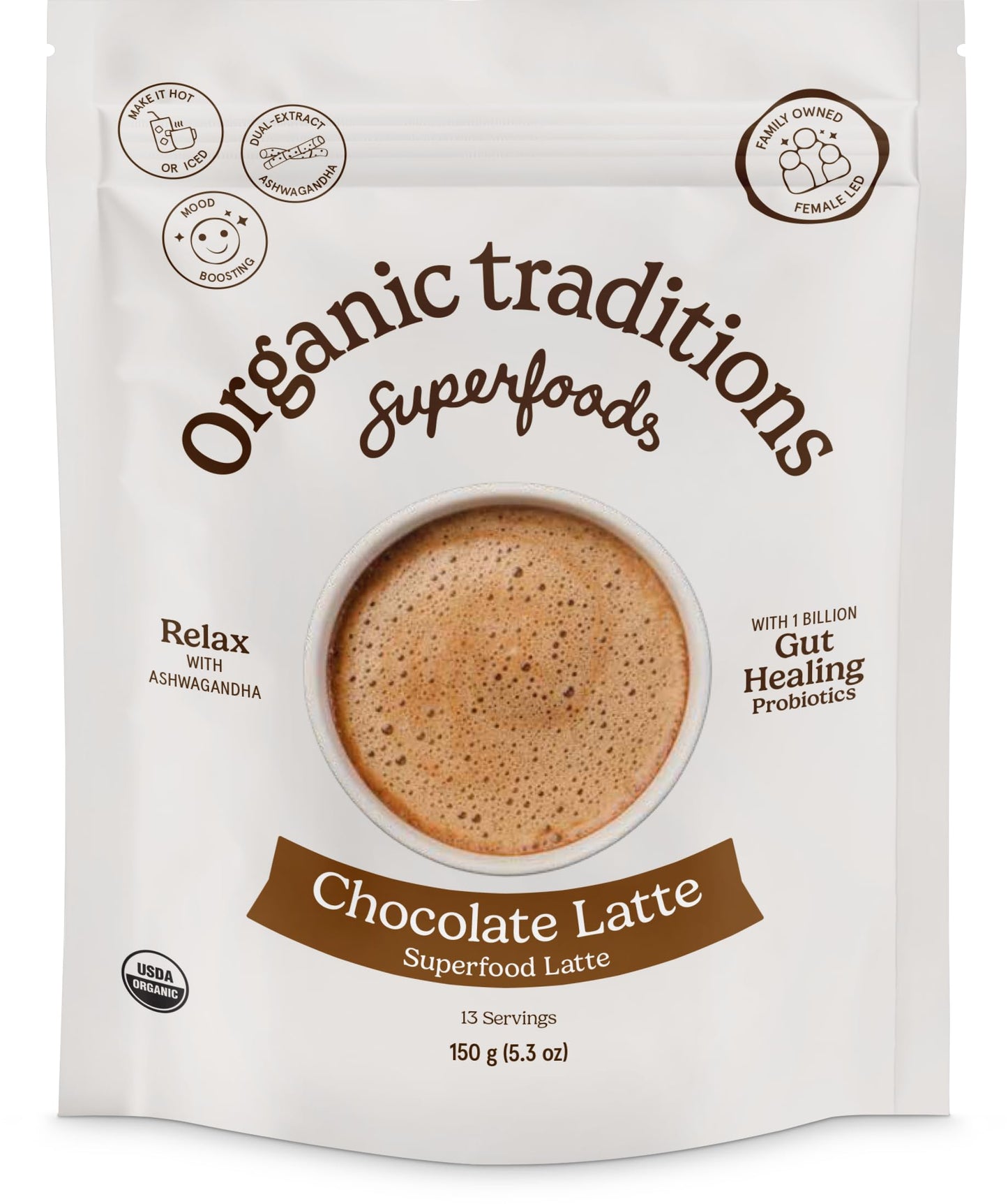 Organic Traditions Superfood Chocolate Latte – Creamy Coconut Milk Base - Dual Extract Ashwagandha – Easy To Mix - Sweetened With Coconut Palm Sugar – 1 Billion Probiotics Per Serving - 150G/ 5.3Oz Bag