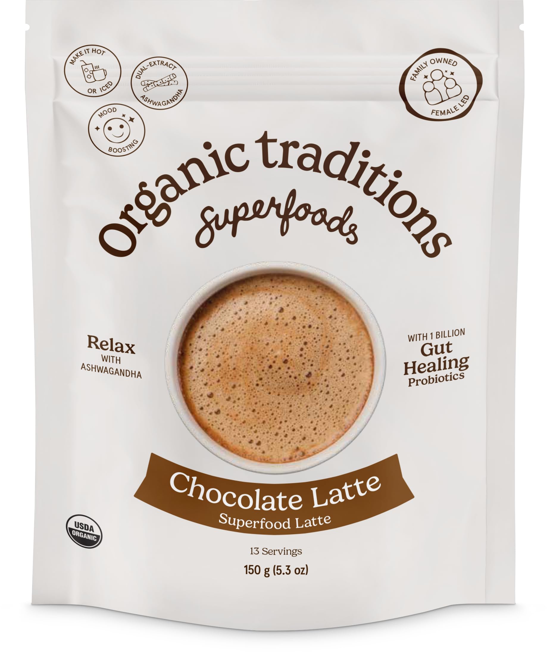 Organic Traditions Superfood Chocolate Latte – Creamy Coconut Milk Base - Dual Extract Ashwagandha – Easy To Mix - Sweetened With Coconut Palm Sugar – 1 Billion Probiotics Per Serving - 150G/ 5.3Oz Bag