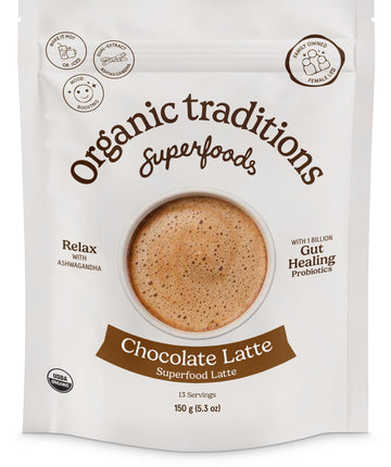 Organic Traditions Superfood Chocolate Latte – Creamy Coconut Milk Base - Dual Extract Ashwagandha – Easy To Mix - Sweetened With Coconut Palm Sugar – 1 Billion Probiotics Per Serving - 150G/ 5.3Oz Bag