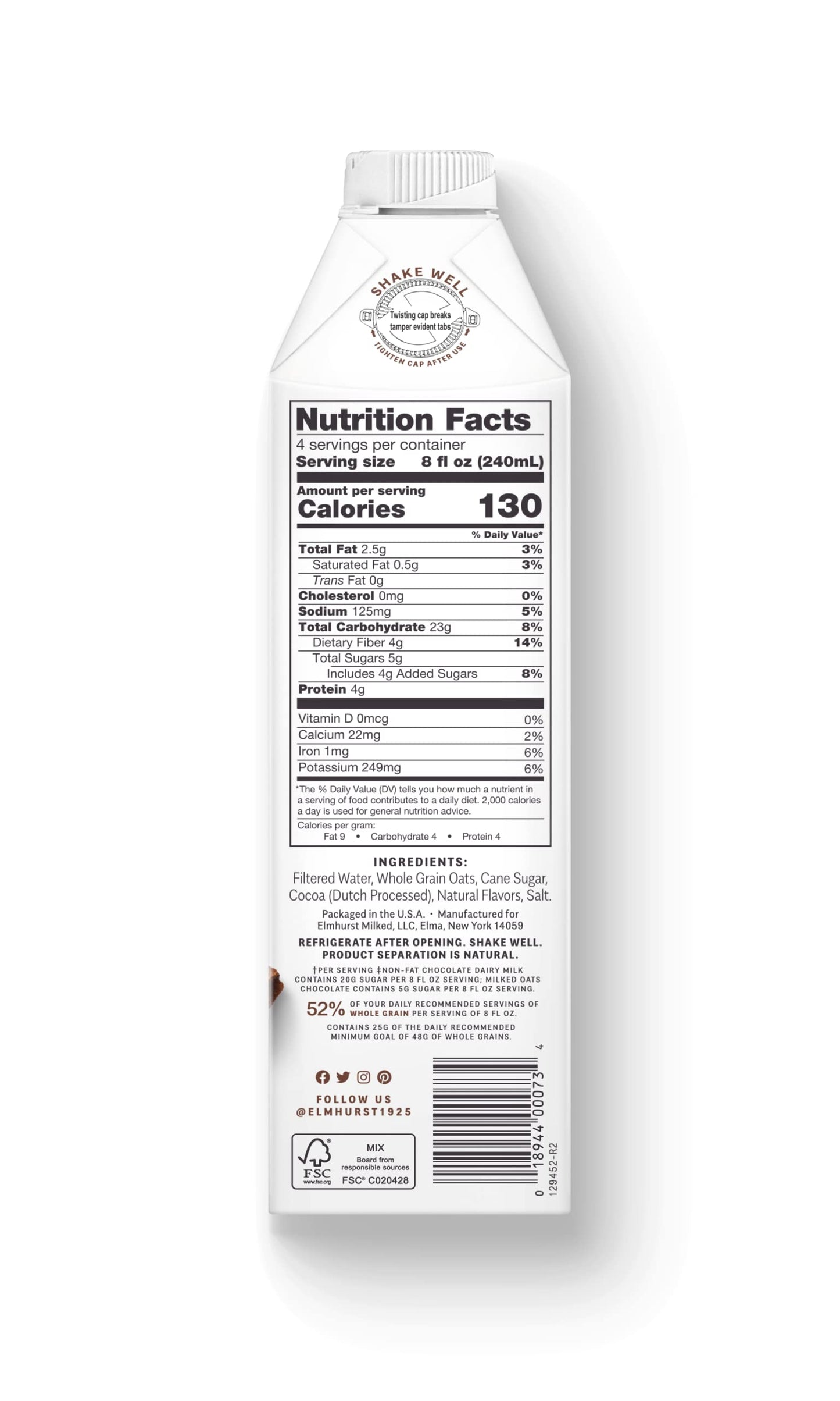 Elmhurst 1925 Milked Oats Vegan Chocolate Oat Milk, Plant-Based, 32 Ounce (Pack of 6)