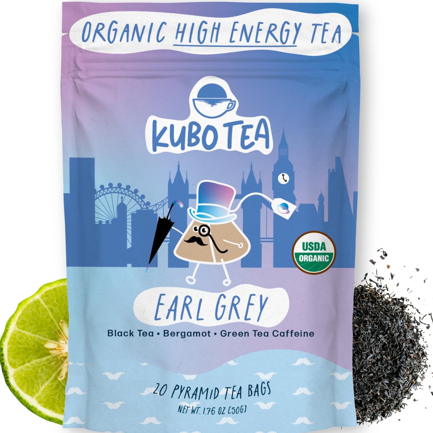 High Caffeine Tea (155 Mg) - Kubo Tea: Organic Earl Grey Black Tea Bags For Clean Energy & Focus | Healthy Coffee Substitute | Bergamot Caffeine Blend | 20 Ct | Compostable Packaging