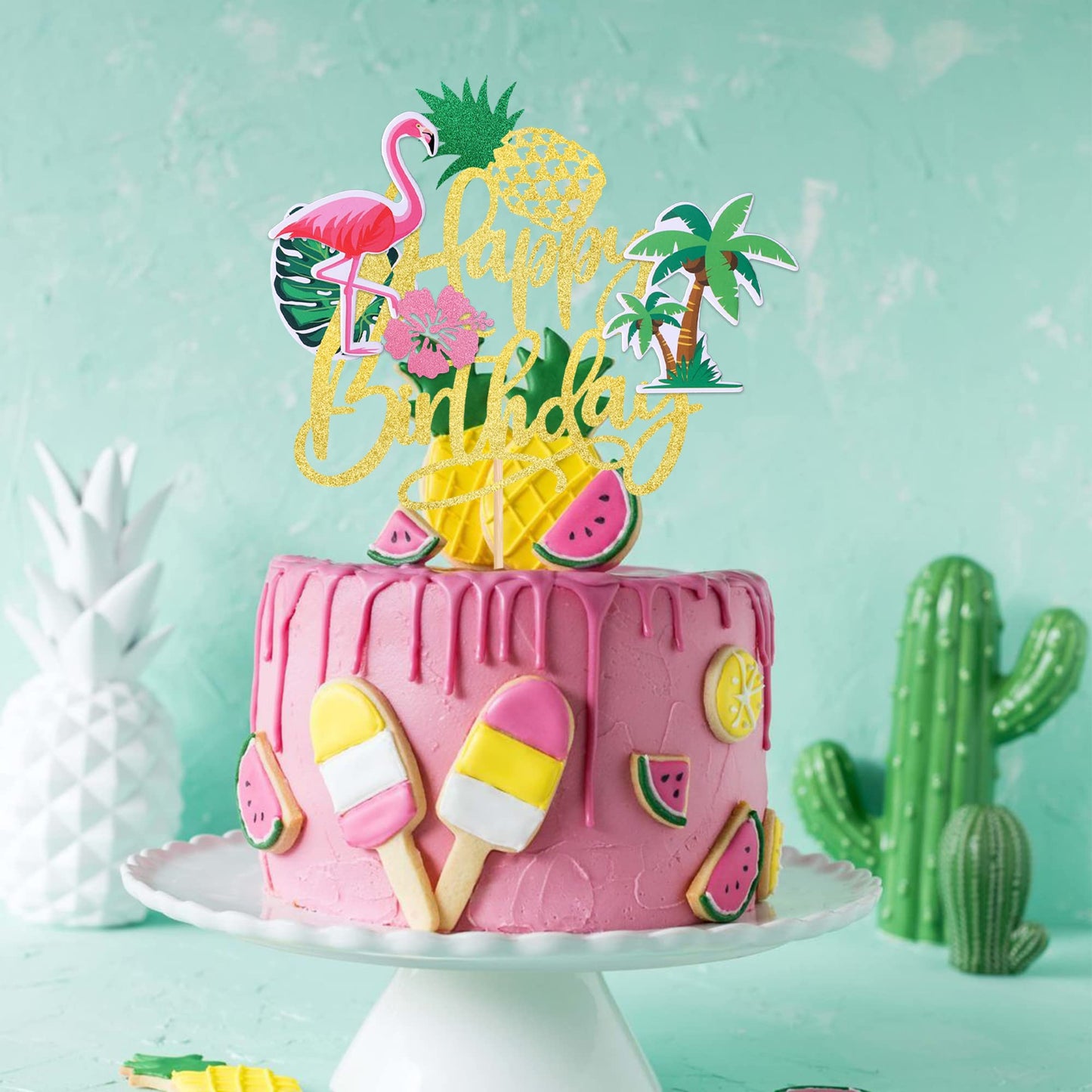 1 Pcs Flamingo Happy Birthday Cake Topper Glitter Palm Tree Turtle Leaf Flower Pineapple Flamingo Cake Pick Decorations For Tropical Hawaiian Luau Theme Baby Shower Kids Birthday Party Supplies