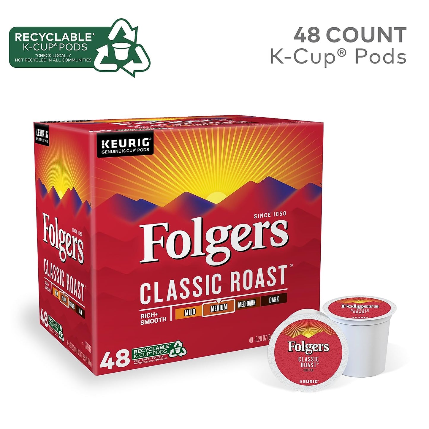 Folgers Classic Roast Coffee, Medium Roast, K Cup Pods For Keurig Coffee Makers, 48Count