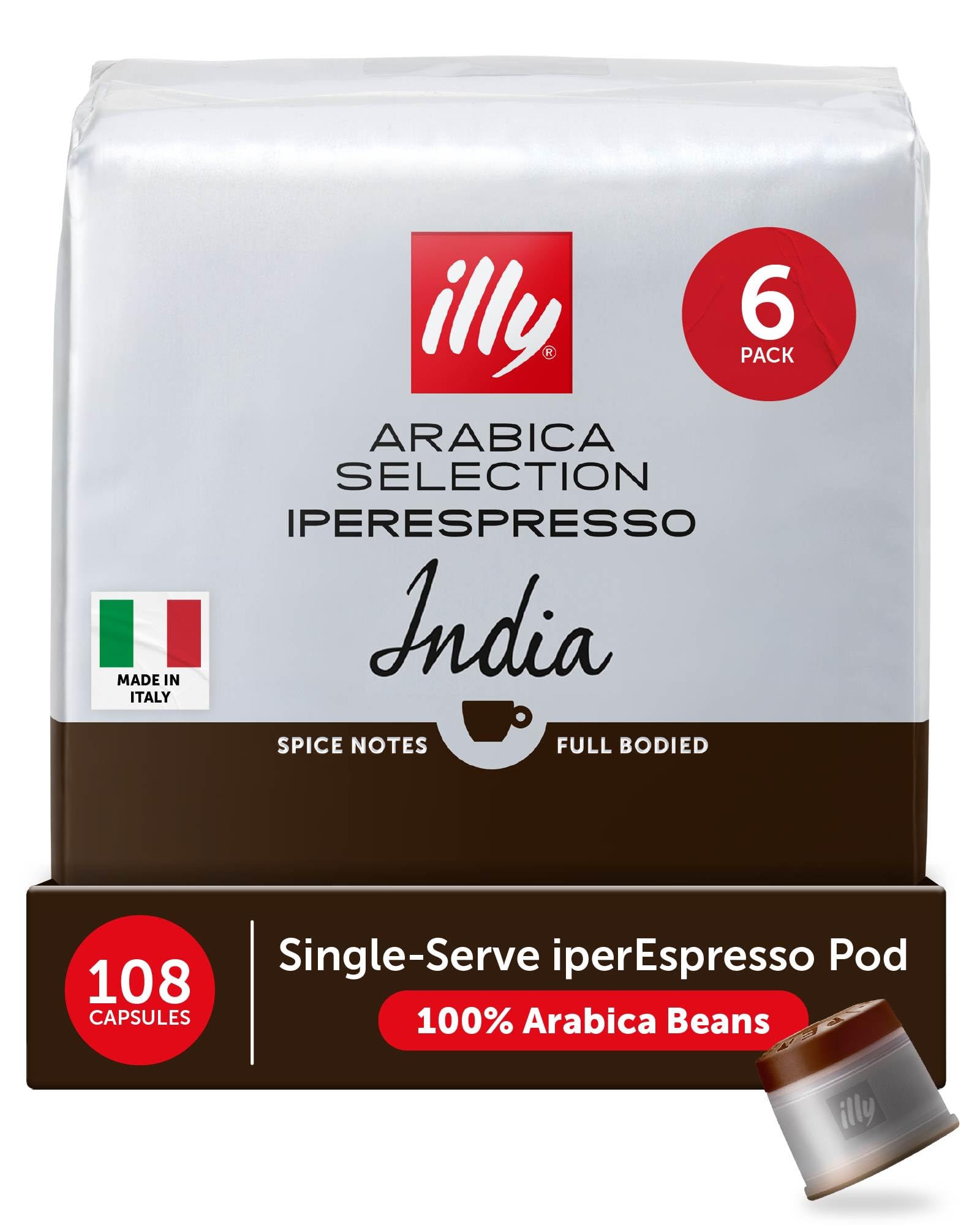 Illy Coffee IperEspresso Capsules - Single-Serve Coffee Capsules & Pods - Single Origin India Dark Roast - Notes of Black Pepper and Extra-Dark Chocolate - 100% Arabica - 18 Count (Pack of 6)