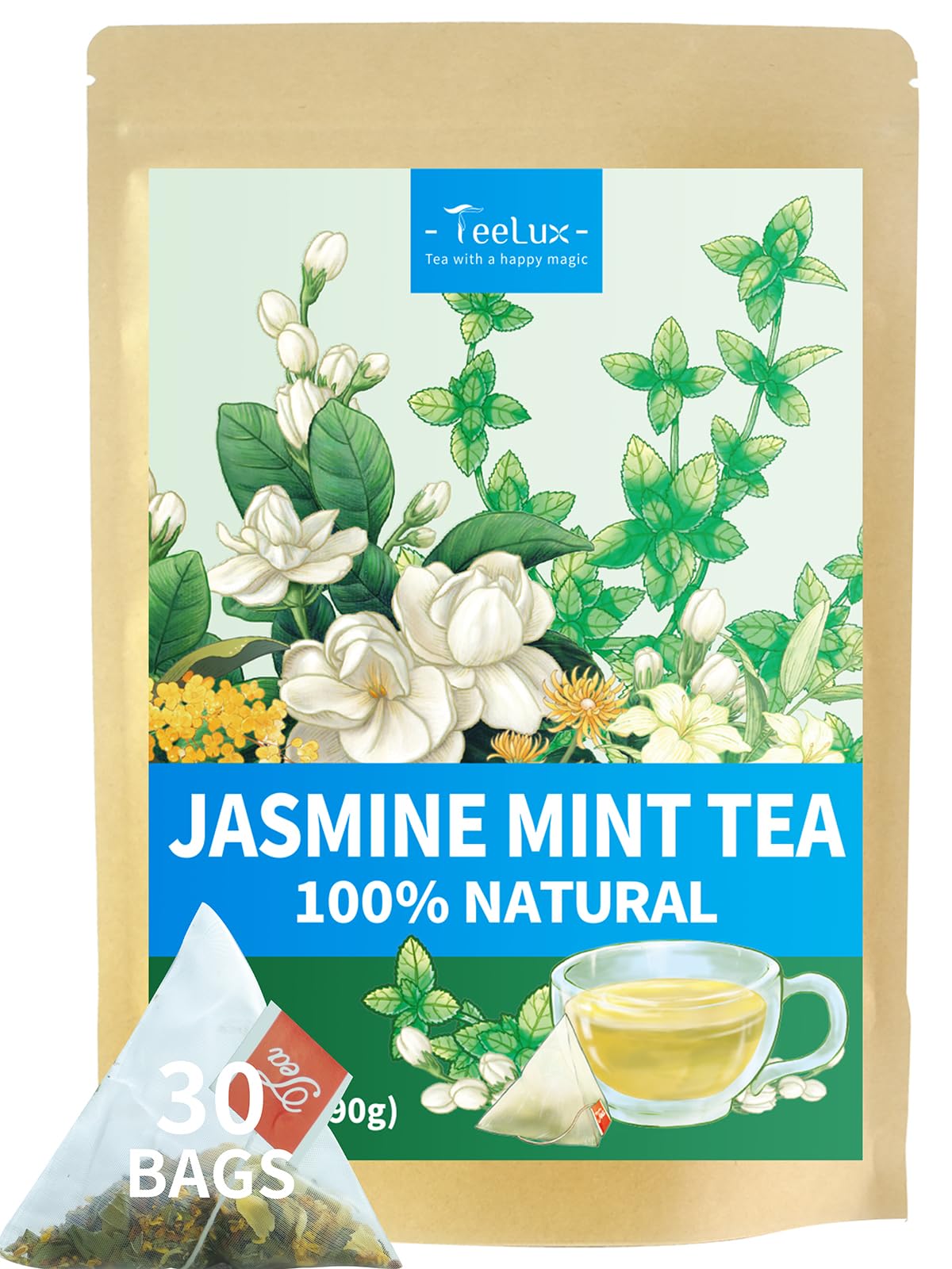 TeeLux Mint Jasmine Tea, Caffeine Free, 30 Count, Fresh & Refreshing Flavor