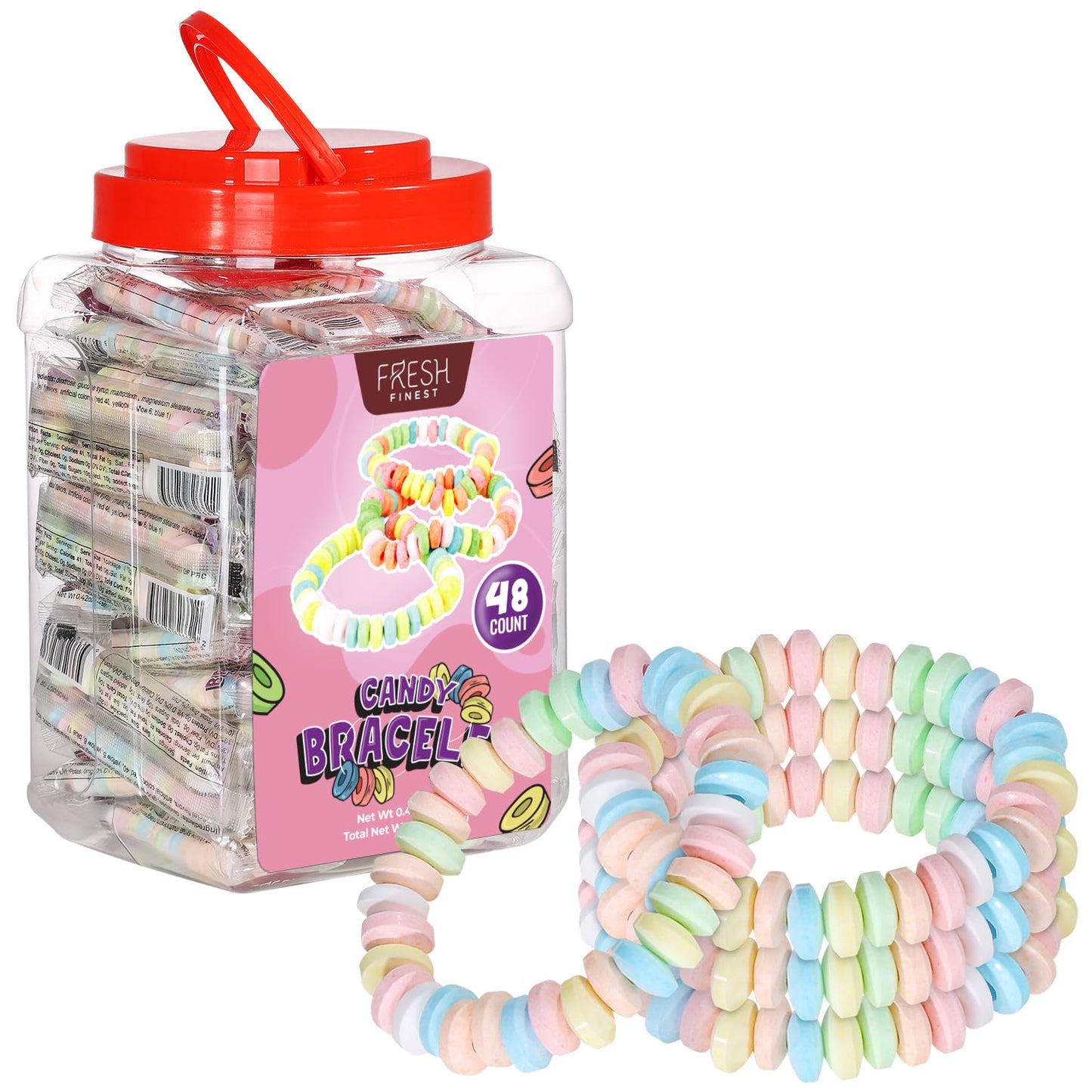 Fresh Finest 48-Count Bulk Candy Bracelets - Individually Wrapped Novelty Candy for Party Favors and Goody Bags