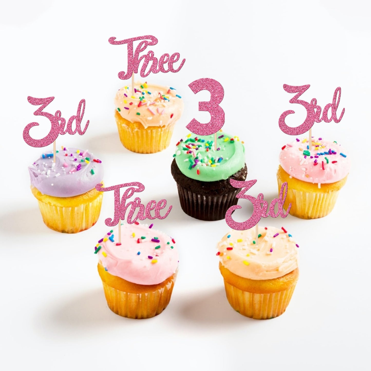 24 Pcs Three Cupcake Toppers Glitter 3Rd Birthday Cupcake Picks Number 3 Three Cake Picks For Baby Shower Kids 3Rd Birthday Anni