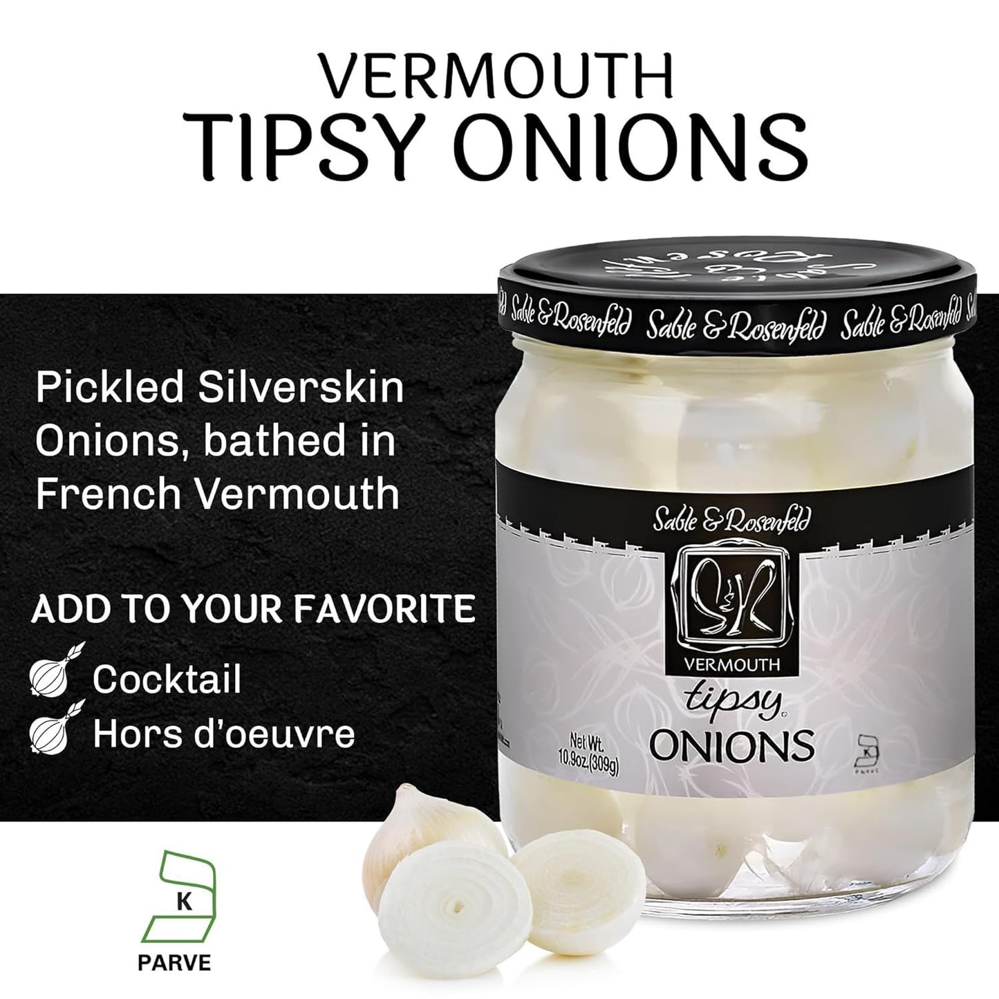 Sable & Rosenfeld Gourmet Pickled Silverskin Onions, 10.9 oz (Pack of 2), Kosher, Gluten-Free, Ideal for Cocktails