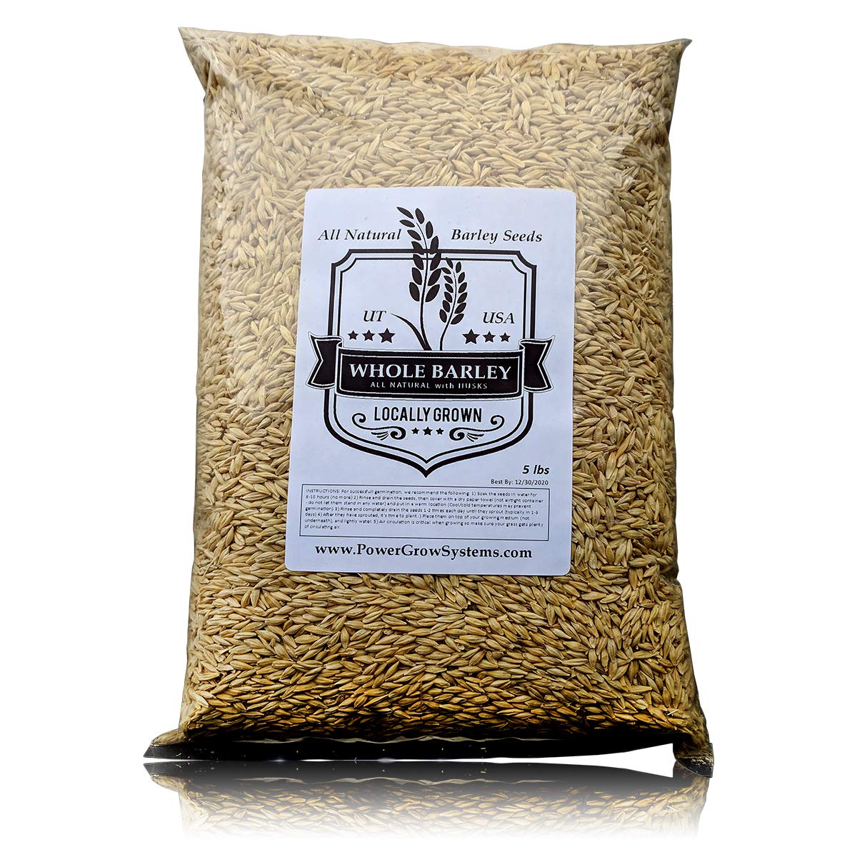 PowerGrow Systems Barley Seeds - All Natural Whole Barley for Juicing & Brewing, 5 Pounds, Light Brown