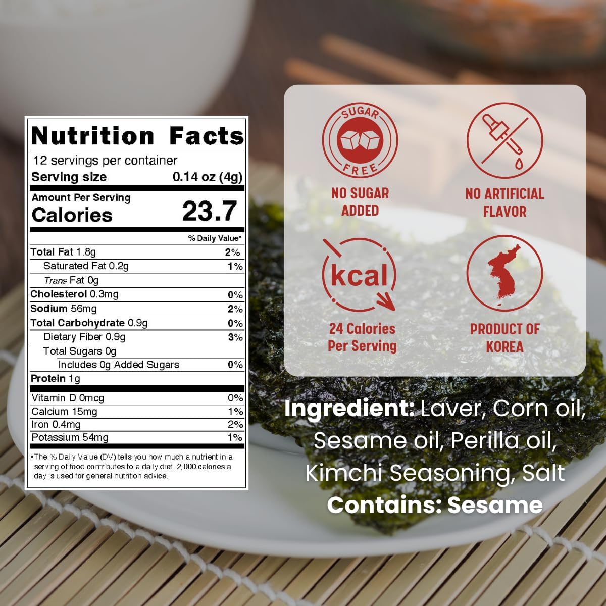 Korean Crispy Seaweed Snacks, Kimchi Spicy Flavor - 12 Individual Sheets Roasted Nori, Vegan, Gluten-Free, 100% Natural Laver