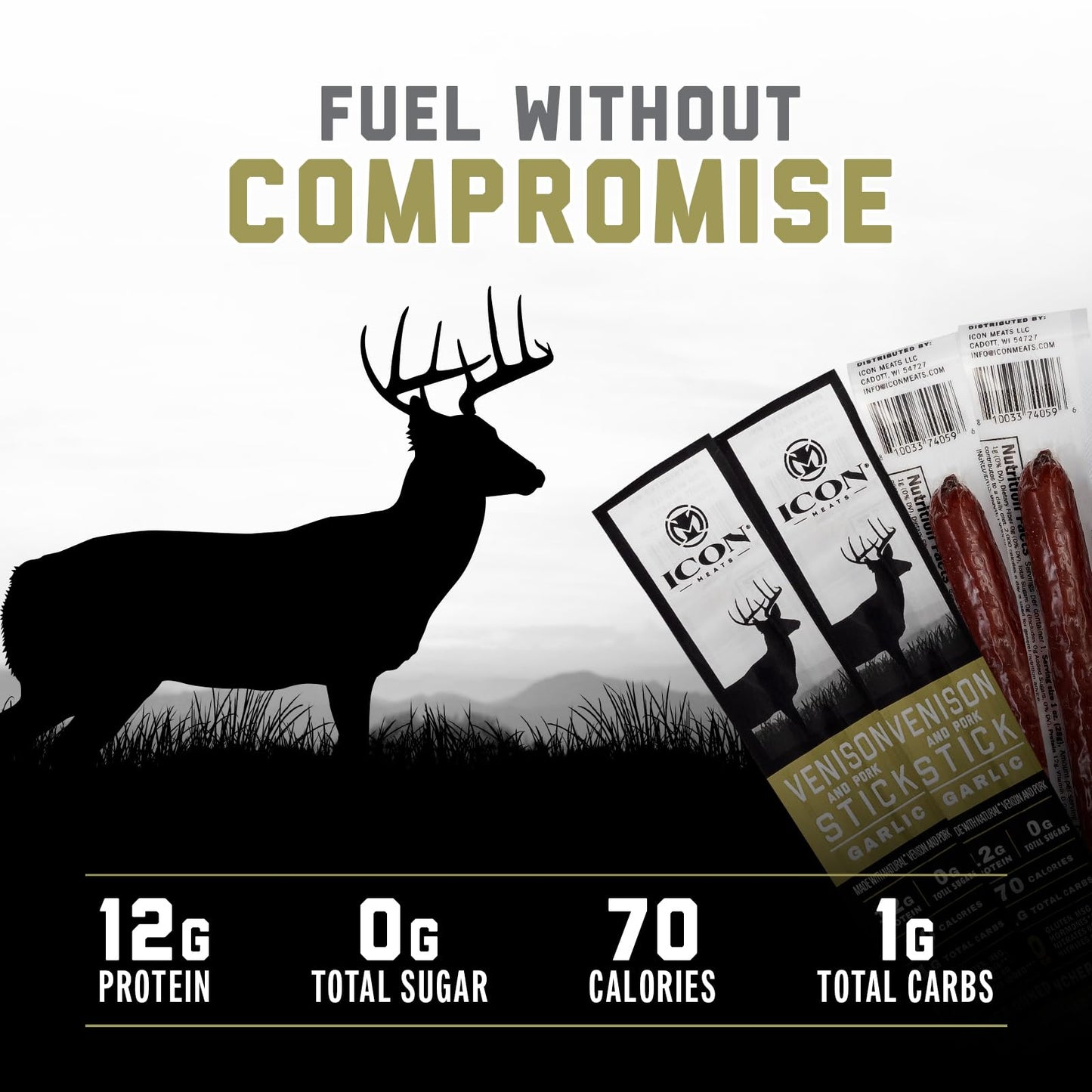 ICON Venison and Pork Snack Sticks, Garlic Flavor, 24 Individually Wrapped Sticks, USDA Approved, High Protein, Low Calorie