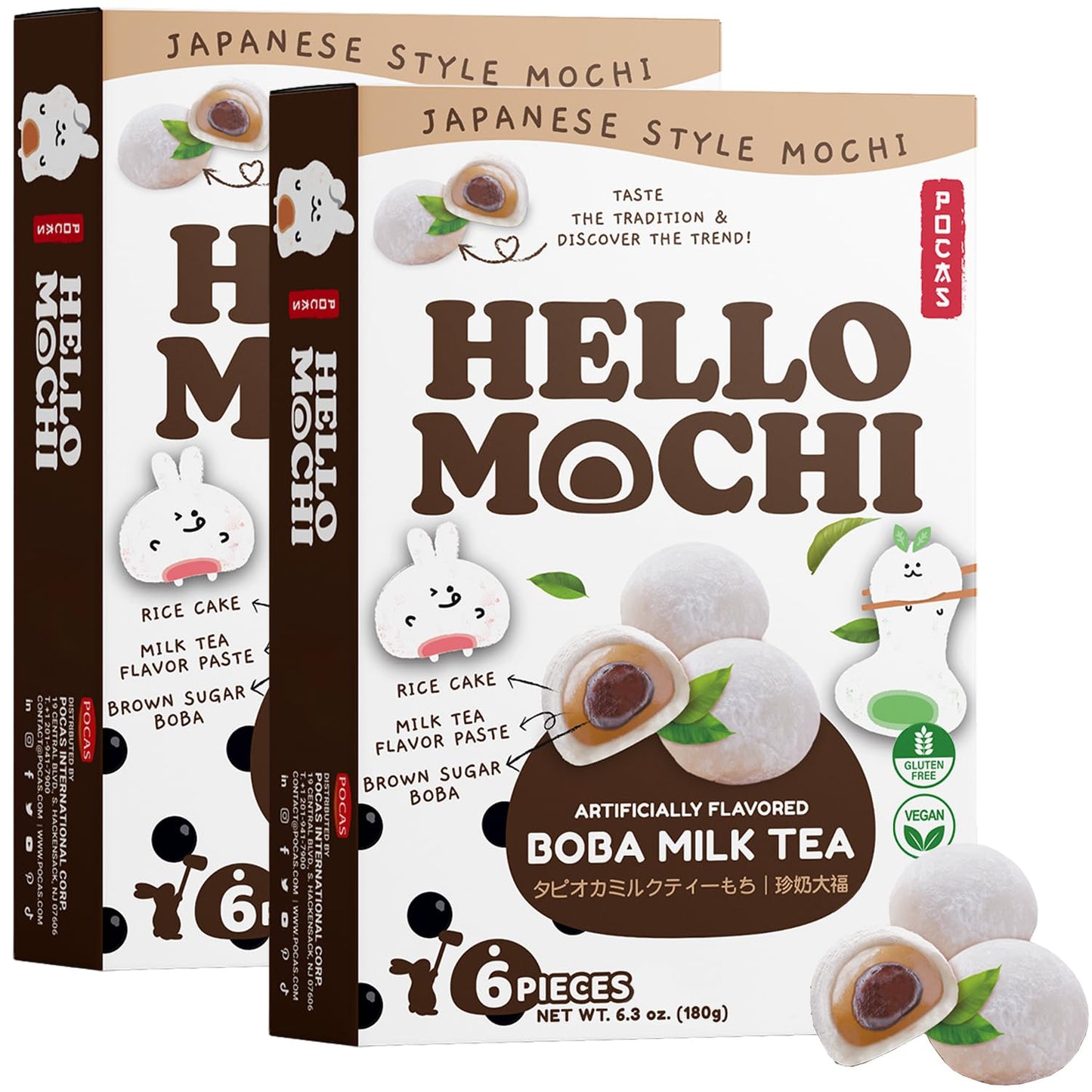 Pocas Hello Mochi, Boba Milk Tea 2-Pack - Soft and Chewy Japanese Snacks, Sweet Rice Cake, Brown Sugar Boba Milk Tea Mochi, Glut