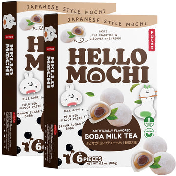 Pocas Hello Mochi, Boba Milk Tea 2-Pack - Soft and Chewy Japanese Snacks, Sweet Rice Cake, Brown Sugar Boba Milk Tea Mochi, Glut