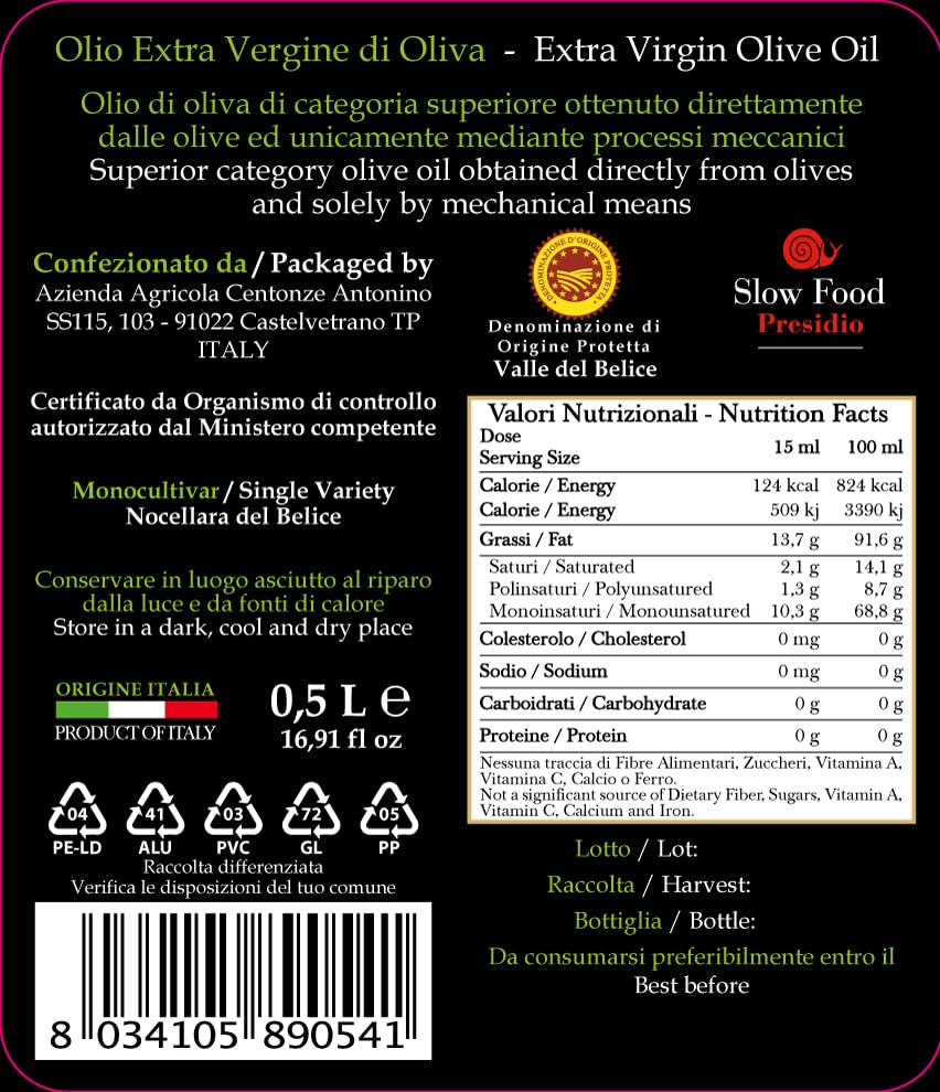 Centonze D.O.P. Valle del Belice, Extra Virgin Olive Oil (0.5L/16.9 fl oz)
