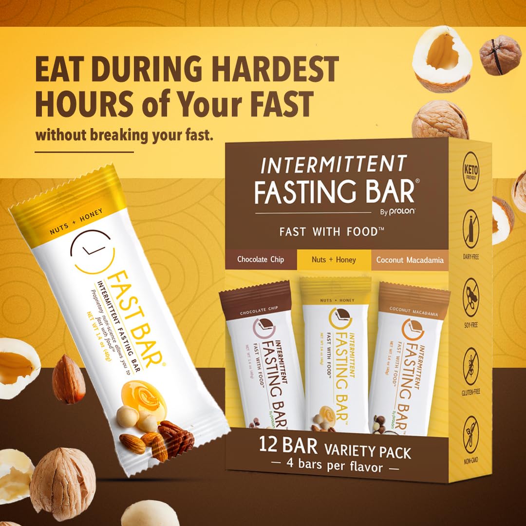 Prolon Fasting Bars - Keto-Friendly, Gluten-Free, Plant-Based - 5g Protein, 7g Fiber - Variety Pack (12 Count)