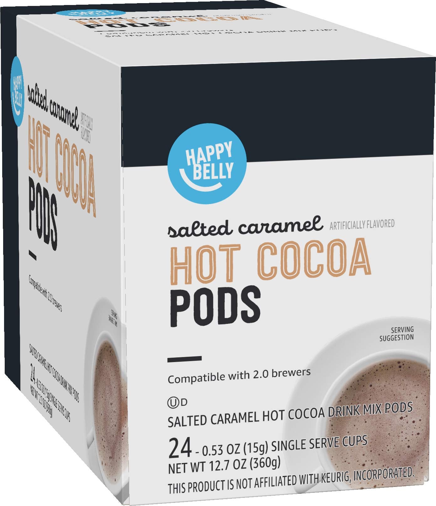 Happy Belly Hot Cocoa Pods, Salted Caramel Flavor, Compatible with 2.0 K-Cup Brewers, 24 Count, Rich Brown