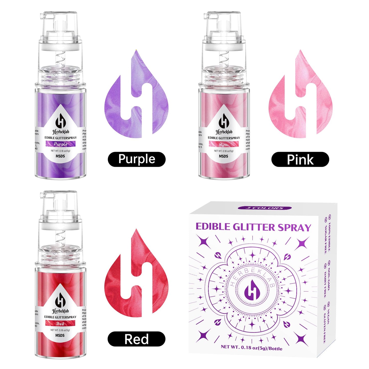 Edible Glitter Spray - 3 Colors Edible Spray Glitter Food Grade Metallic Shimmer Powder Red Pink Purple Cake Sprinkles For Cooki