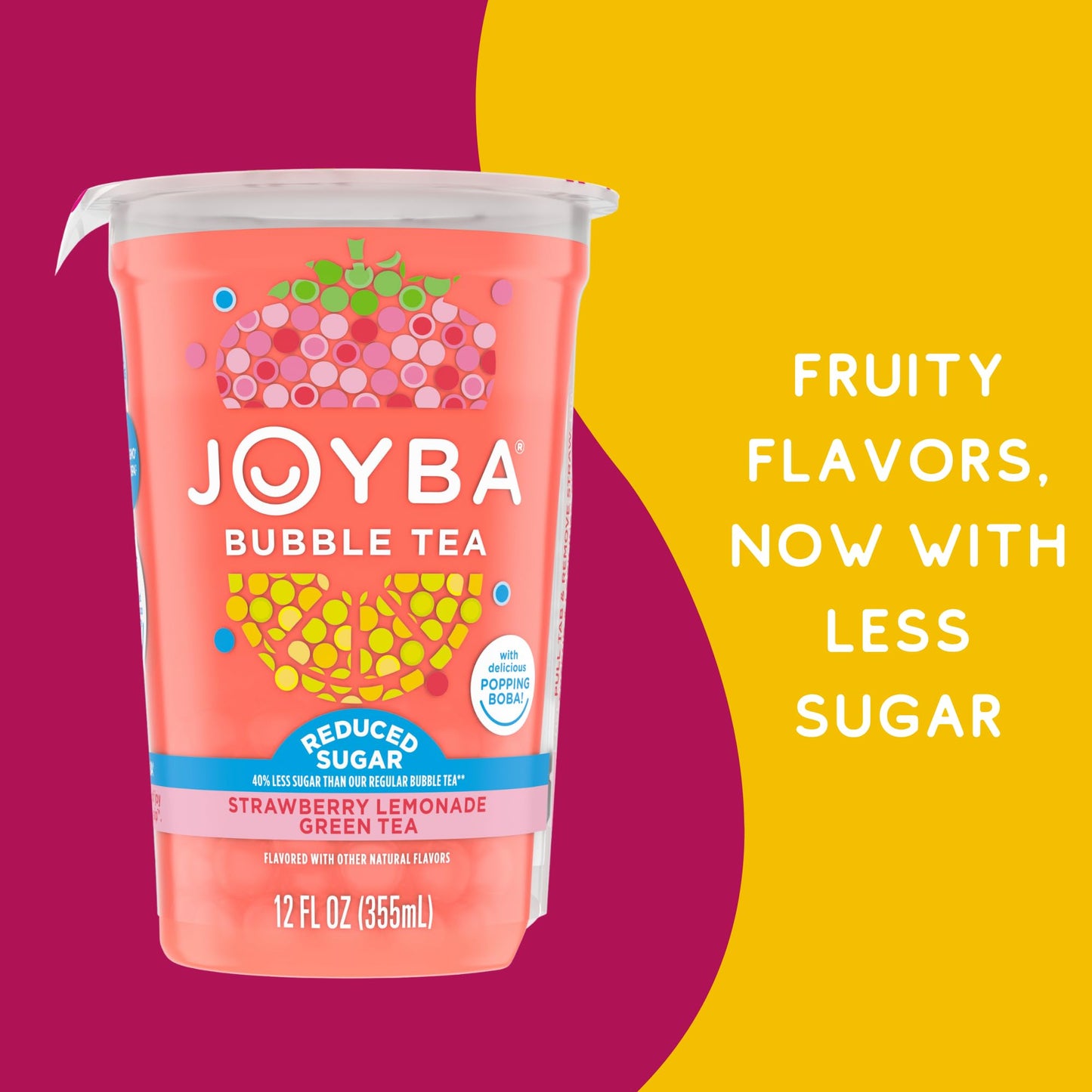 Joyba Reduced Sugar Strawberry Lemonade Flavored Green Bubble Tea, 4 Pack,12 Fl Oz. Cups