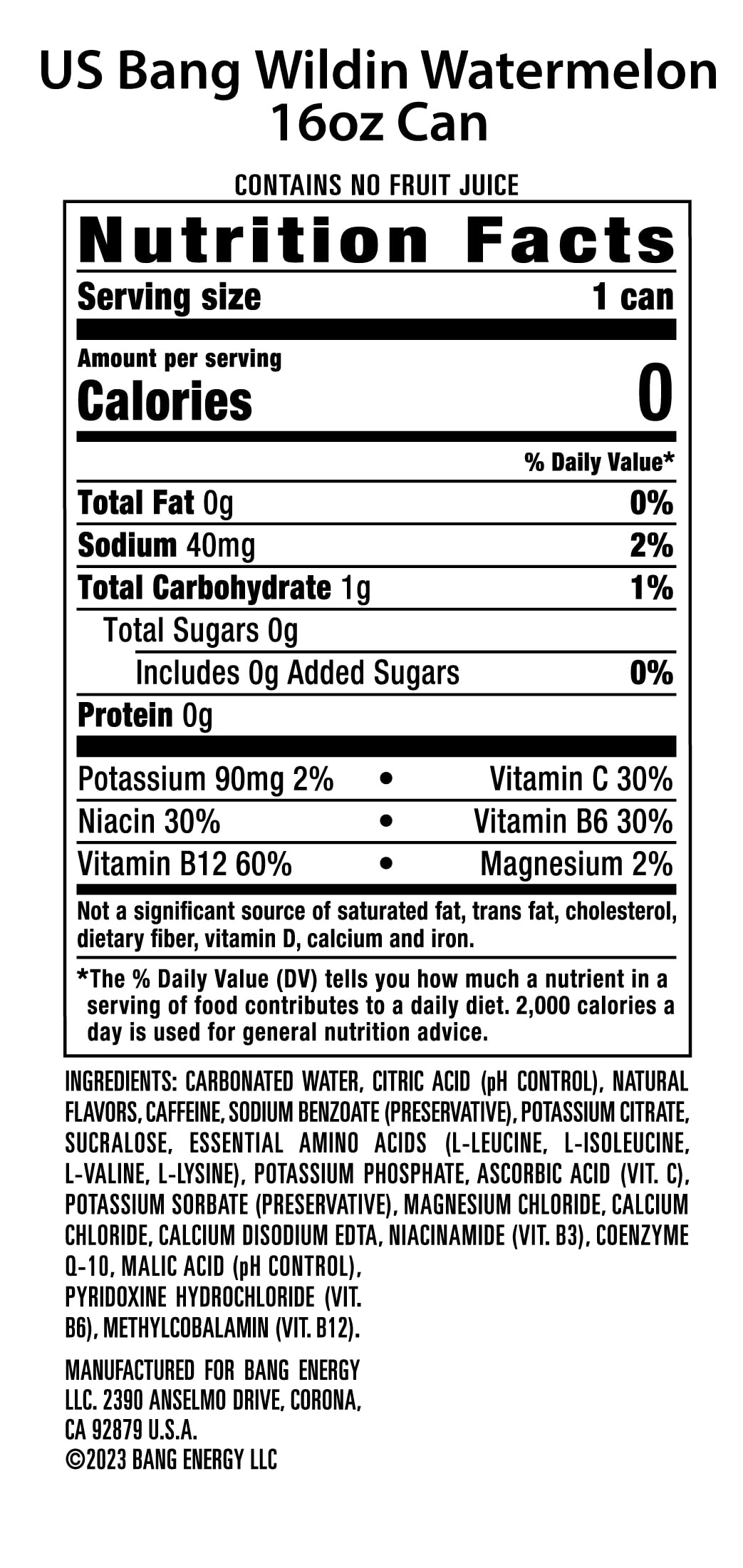 Bang Energy Wyldin’ Watermelon Sugar-Free Energy Drink, 16oz, Pack of 12 - Refreshing, Low-Calorie Boost for Active Lifestyles