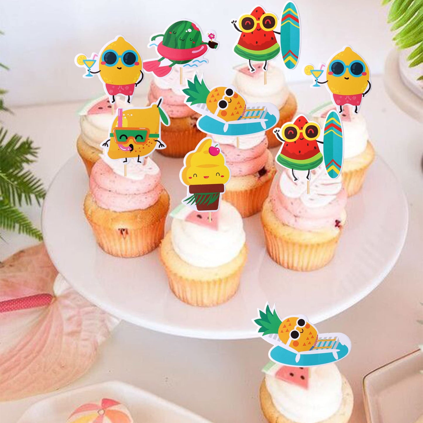 36 Pcs Tropical Beach Luau Cupcake Toppers Fruit Watermelon Pineapple Ice Cream Lemon Cupcake Picks For Summer Hawaiian Luau Tro