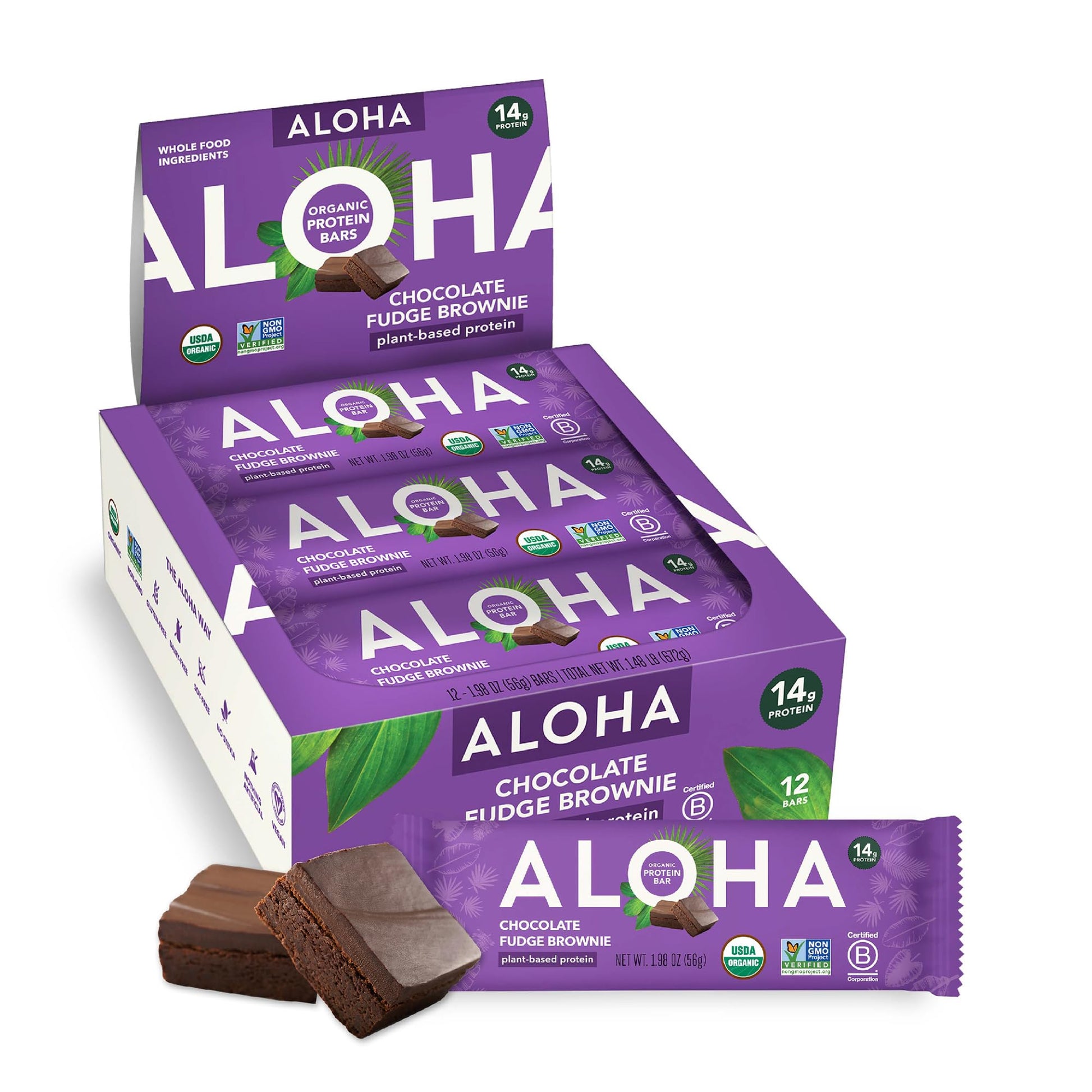 Aloha Organic Plant-Based Protein Bars | Chocolate Fudge Brownie | Vegan, Gluten-Free, Paleo, Low-Carb, Non-Gmo, Soy-Free, 12 Co