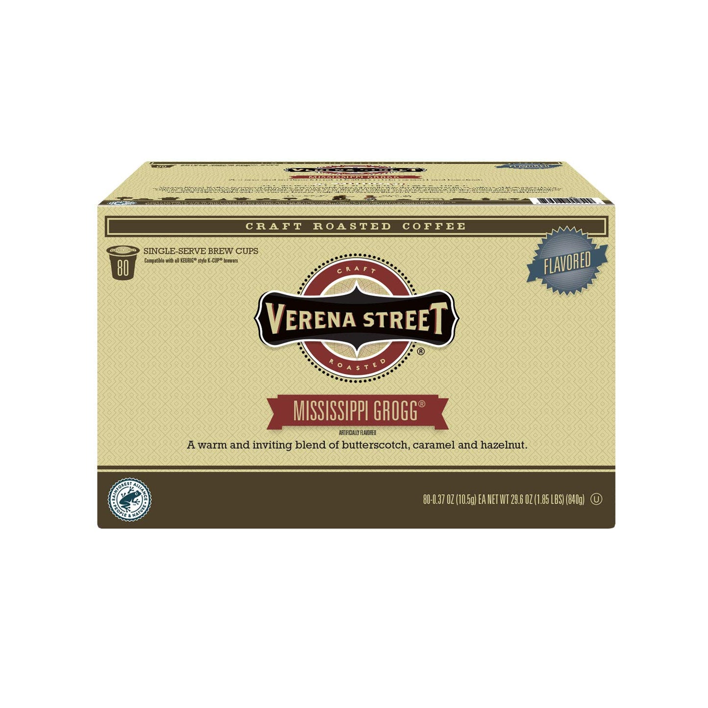 Verena Street Flavored Coffee Pods, Mississippi Grogg, Rainforest Alliance Certified, 80 Count, Model MG80ct