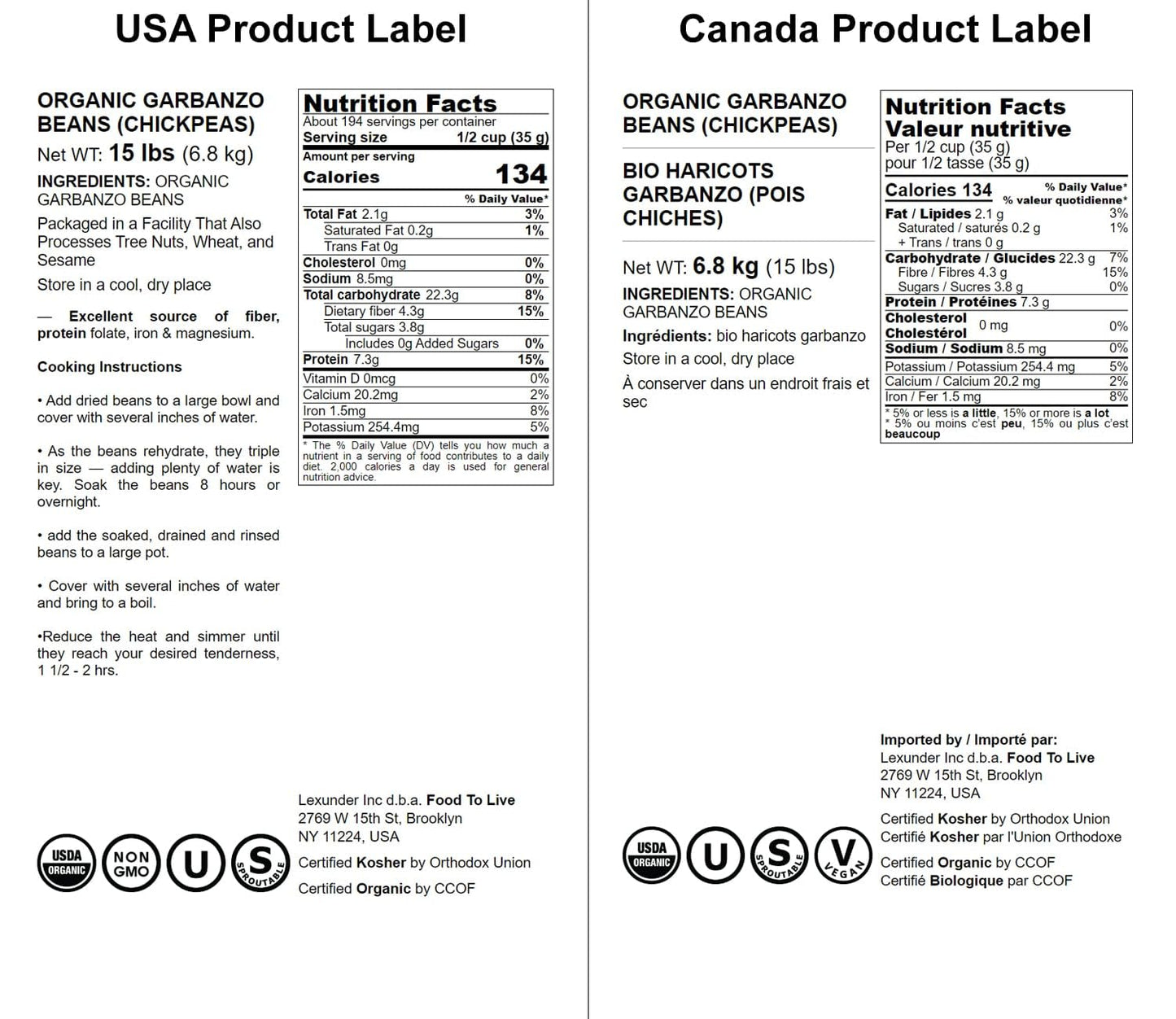 Food to Live Organic Garbanzo Beans - Dried Chickpeas, Non-GMO, Kosher, 15 Pound Bulk