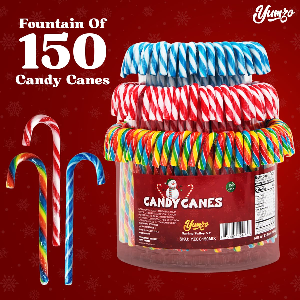 Christmas Candy Canes Tutti Frutti, Blue/White Peppermint, Red And White Cherry Mix Flavors - Bulk Candy Canes Individually Wrap