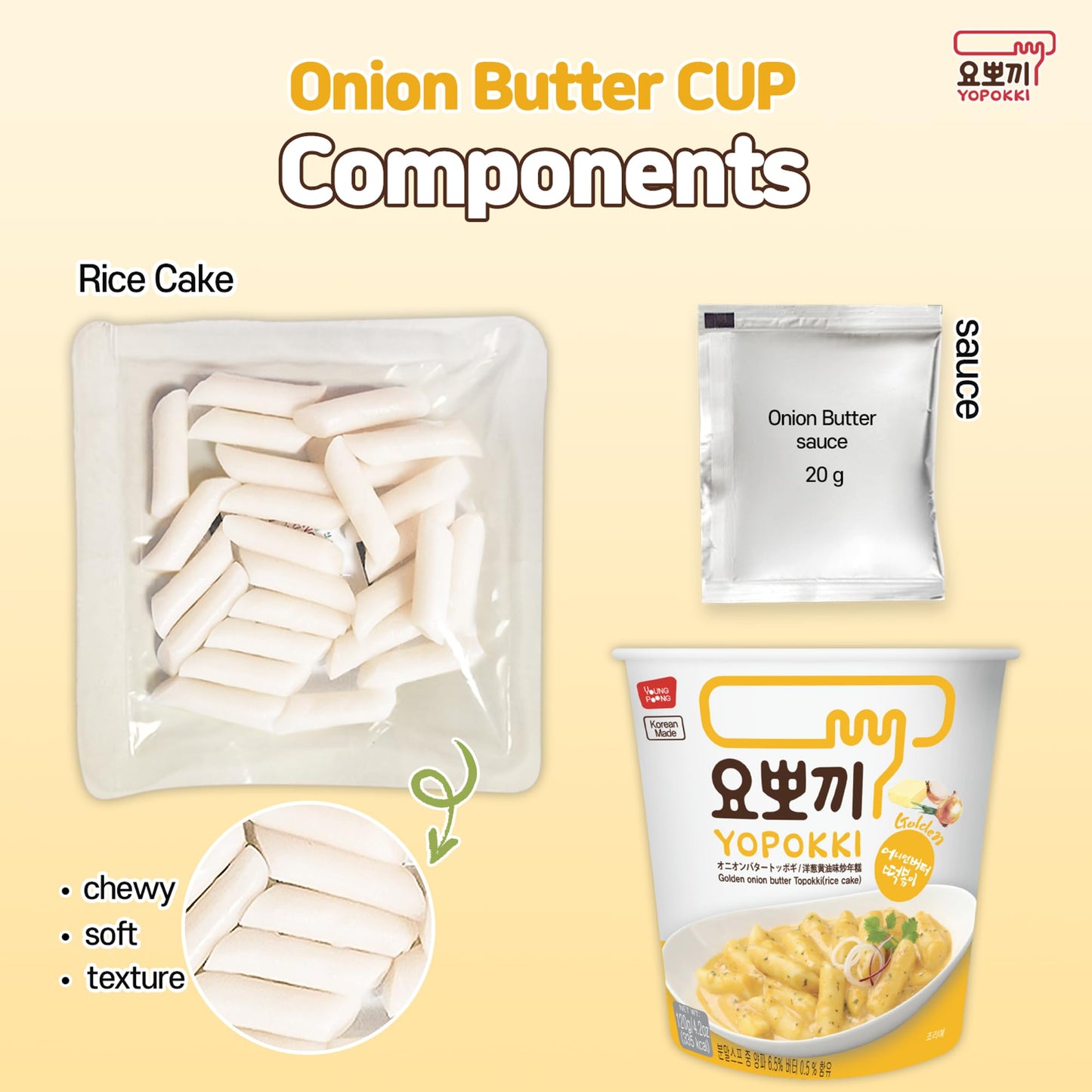 Yopokki Instant Tteokbokki Cup (Onion Butter, Cup of 2) Korean Street food with Onion Butter flavored sauce Topokki Rice Cake -