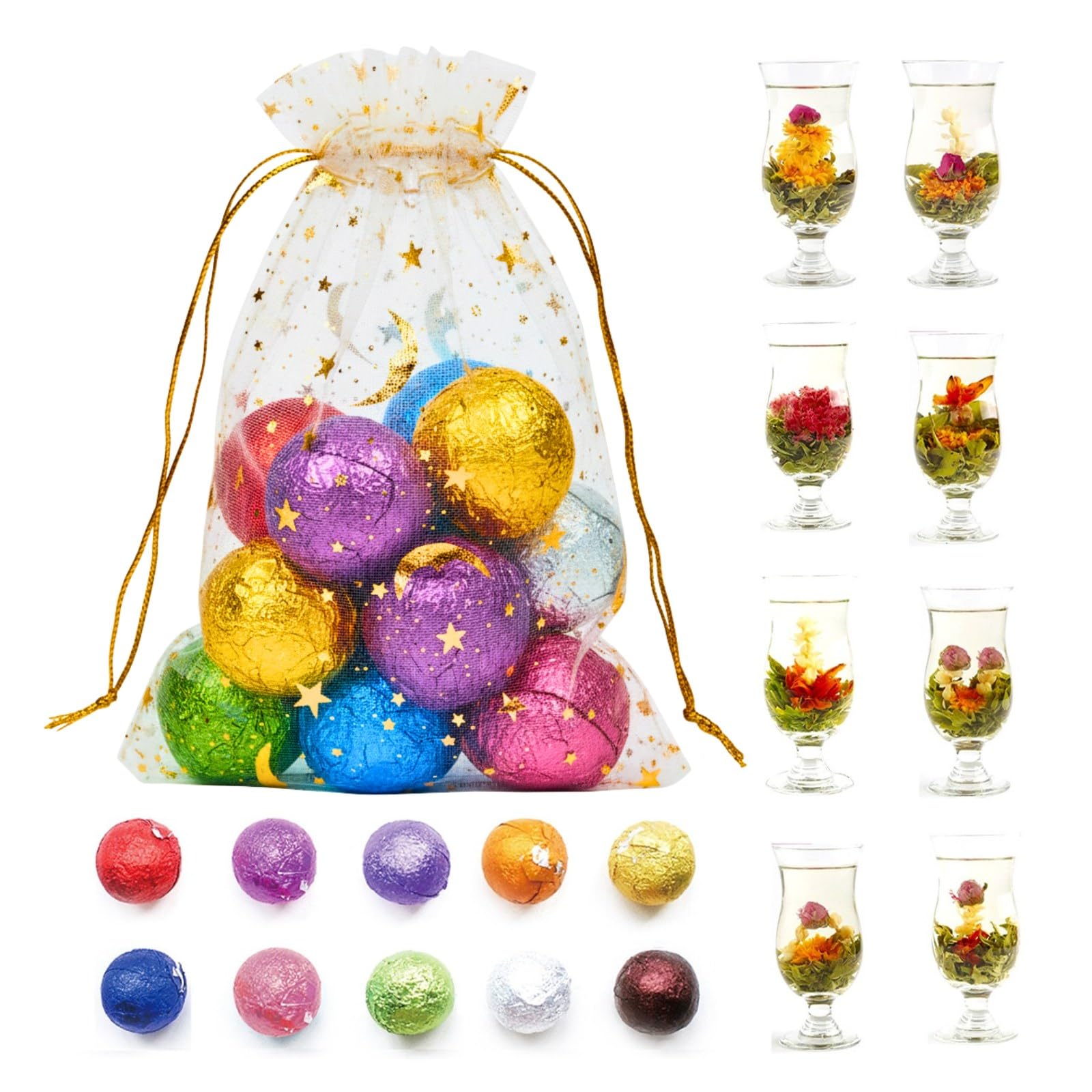 10 Assorted Blooming Flower Tea Balls Gift Set| Handmade Herbal Flowering Tea Balls Variety Individual Packing| Blooming Green Teas With Flowers For Teas Lovers  Anniversary  Valentine  Birthday (Star & Moon Bag)