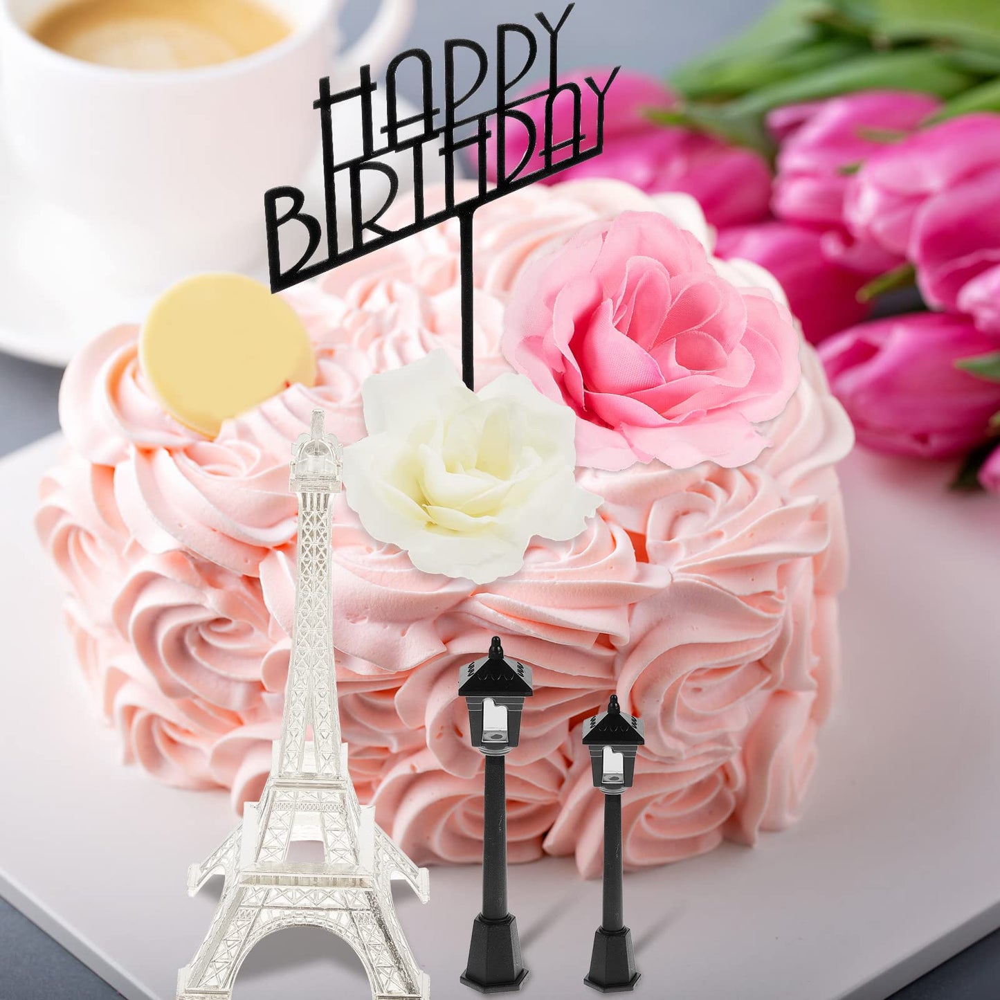8 Pcs Paris Cake Topper Eiffel Tower Cake Topper With Happy Birthday Cake Topper Street Lamp Rose 7 Inch Eiffel Tower Party Deco