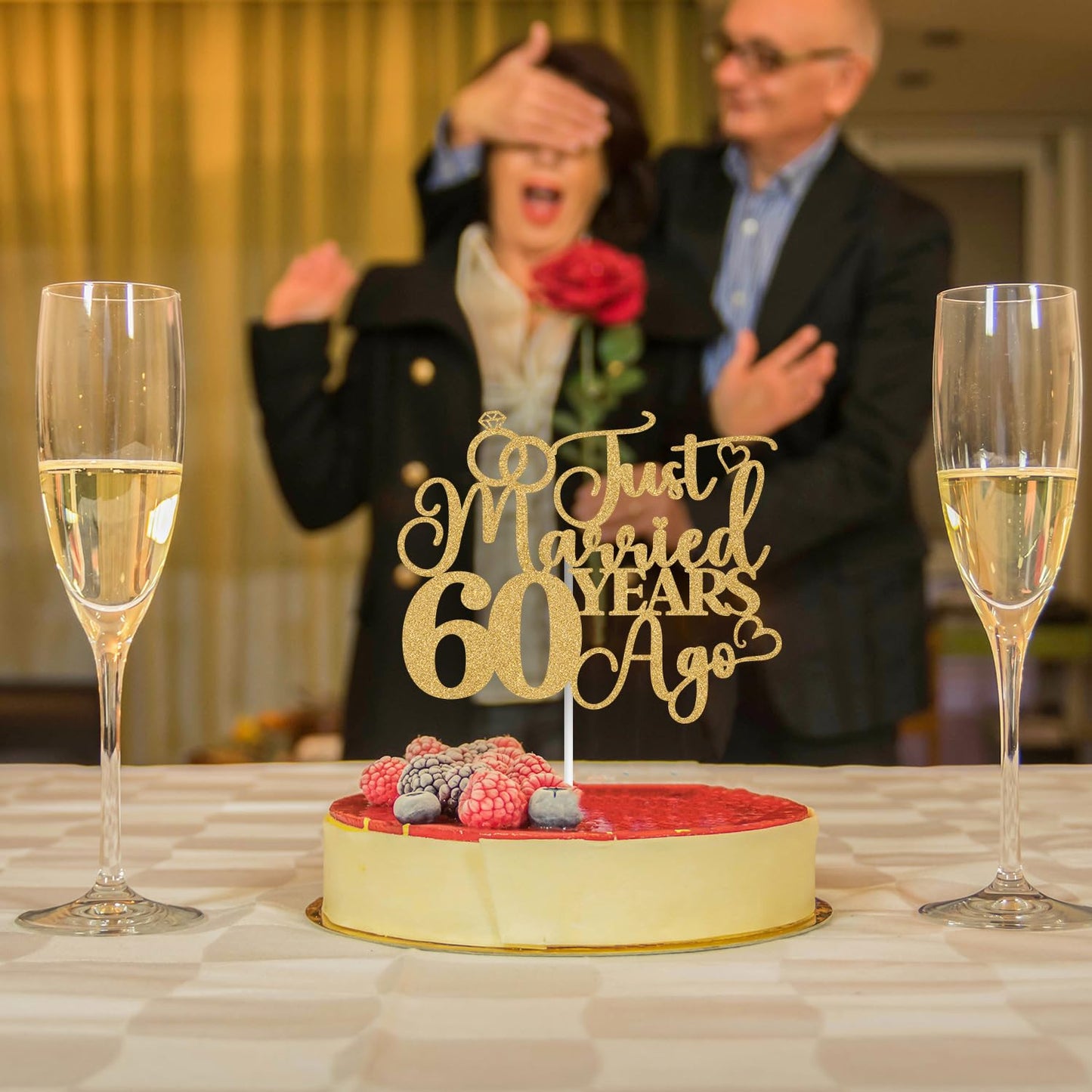 Just Married 60 Years Ago Cake Topper, 60Th Anniversary Cake Decor, 60 Years & Loved, Happy 60Th Wedding Anniversary Party Decor