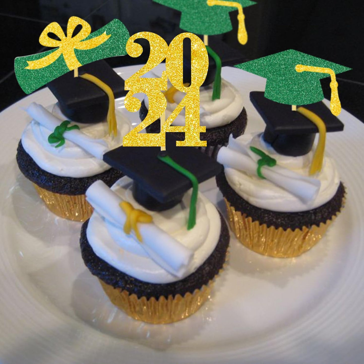 Graduation Cupcake Toppers Grad Party Decoration Food Picks Congrats Glitter Diploma Cap School Colors Supplies 24 Pcs Green Gol
