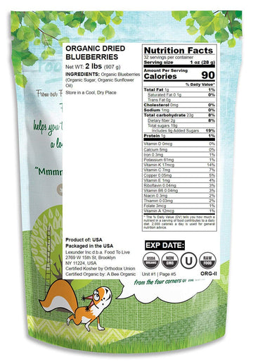 Food To Live Organic Dried Blueberries, 2 Pounds Non-Gmo, Kosher, Vegan, Unsulfured, Bulk