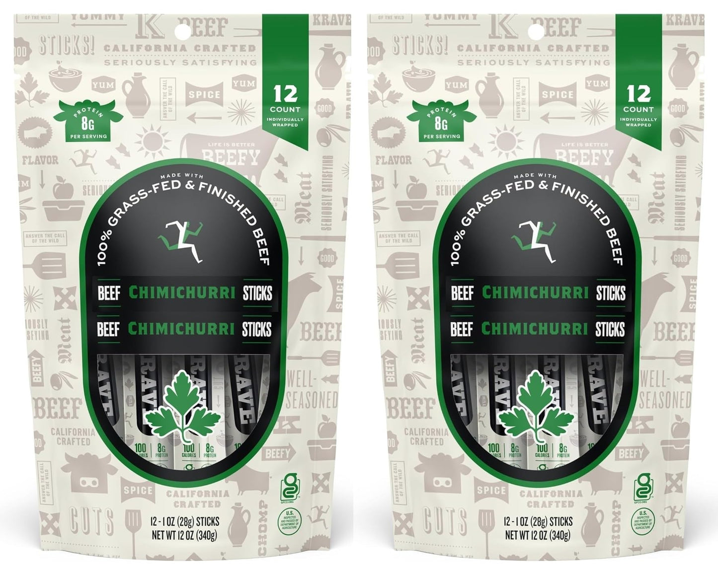 (Pack of 2) Beef Sticks, Chimichurri (12 Sticks x 1 Oz/Stick), Net Weight 12 Ounce- 100% Grass Fed Beef, 100 Calories Per Stick,