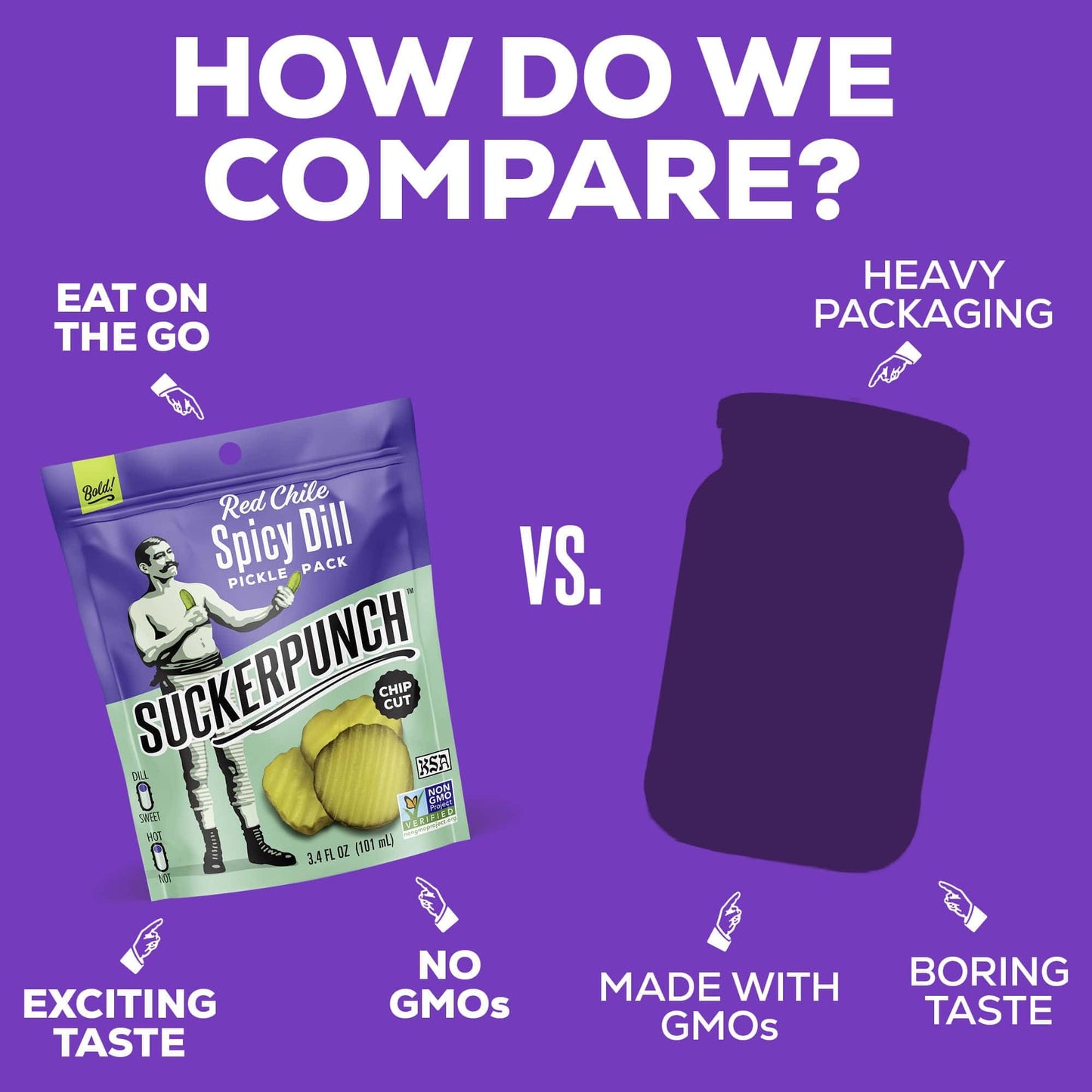 SuckerPunch Red Chile Spicy Dill Pickle Chips  Hot  Spicy Gluten Free Pickles  Sugar Free  Low Calorie  Kosher  Fresh Pickle Chips  Non GMO  Keto Friendly  Vegan  3.4 FL Oz  Snack Pouches (12 Pack)
