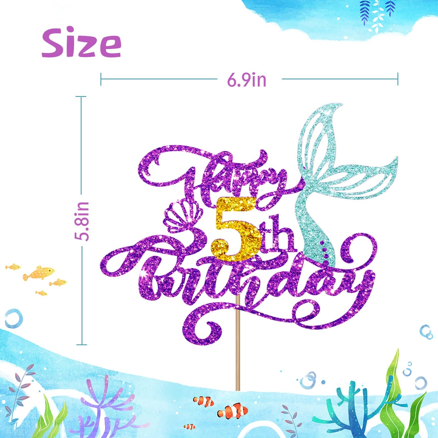 Mermaid 5 Cake Topper, Happy 5Th Birthday Cake Decor For Baby Girl, Little Mermaid 5Th Birthday Party Decoration, Under The Sea