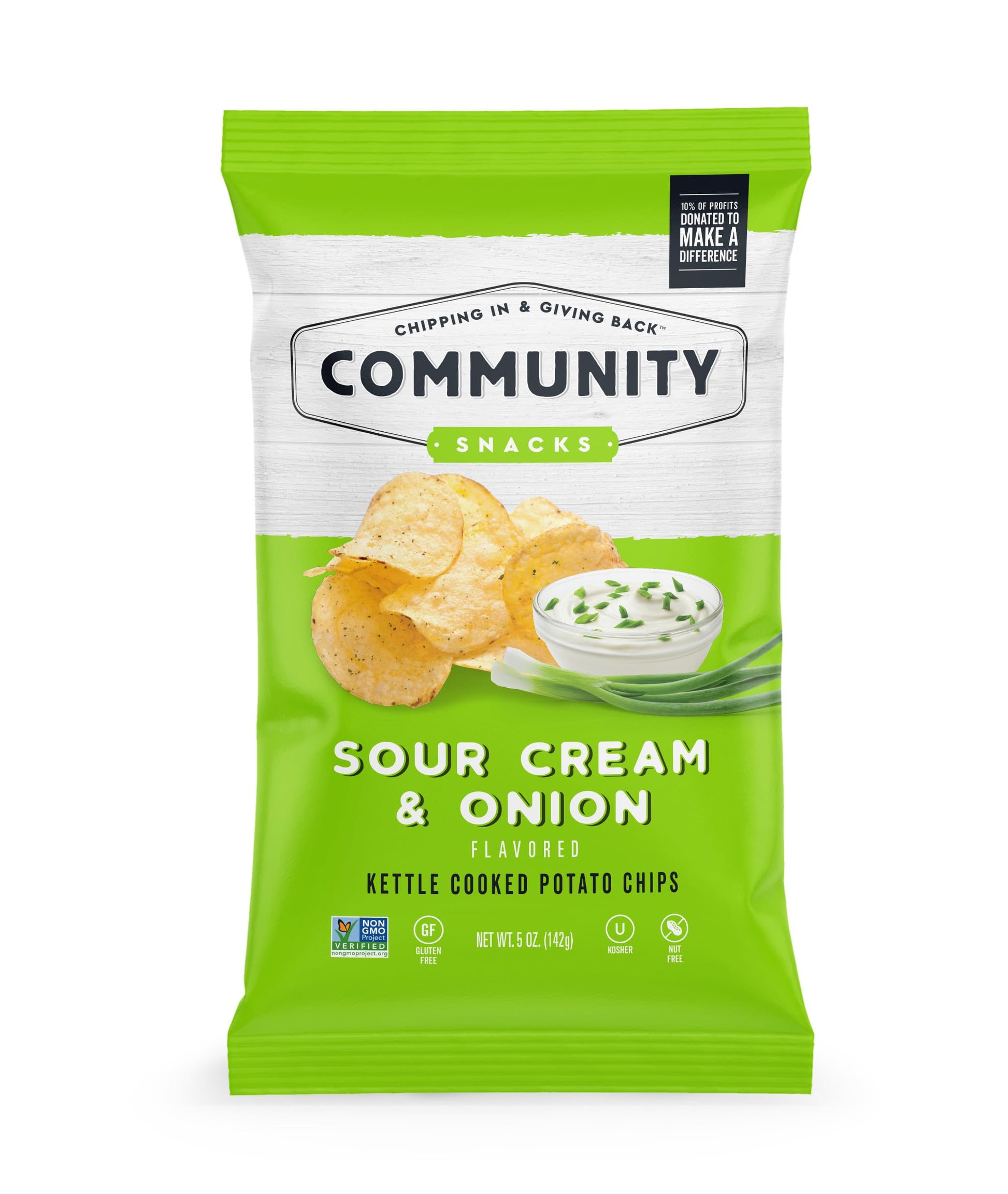 Community Snacks Sour Cream & Onion Flavor Kettle Cooked Potato Chips - 5 Oz Bag (12 Count) - Non-GMO, Gluten-Free, Kosher, Vega