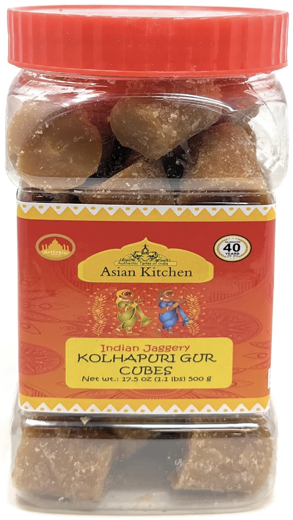 Asian Kitchen Kolhapuri Gur (Jaggery) Cubes 17.5oz (1.1lbs) 500g PET Jar ~ Unrefined Cane Sugar, No Color added, Gluten Friendly