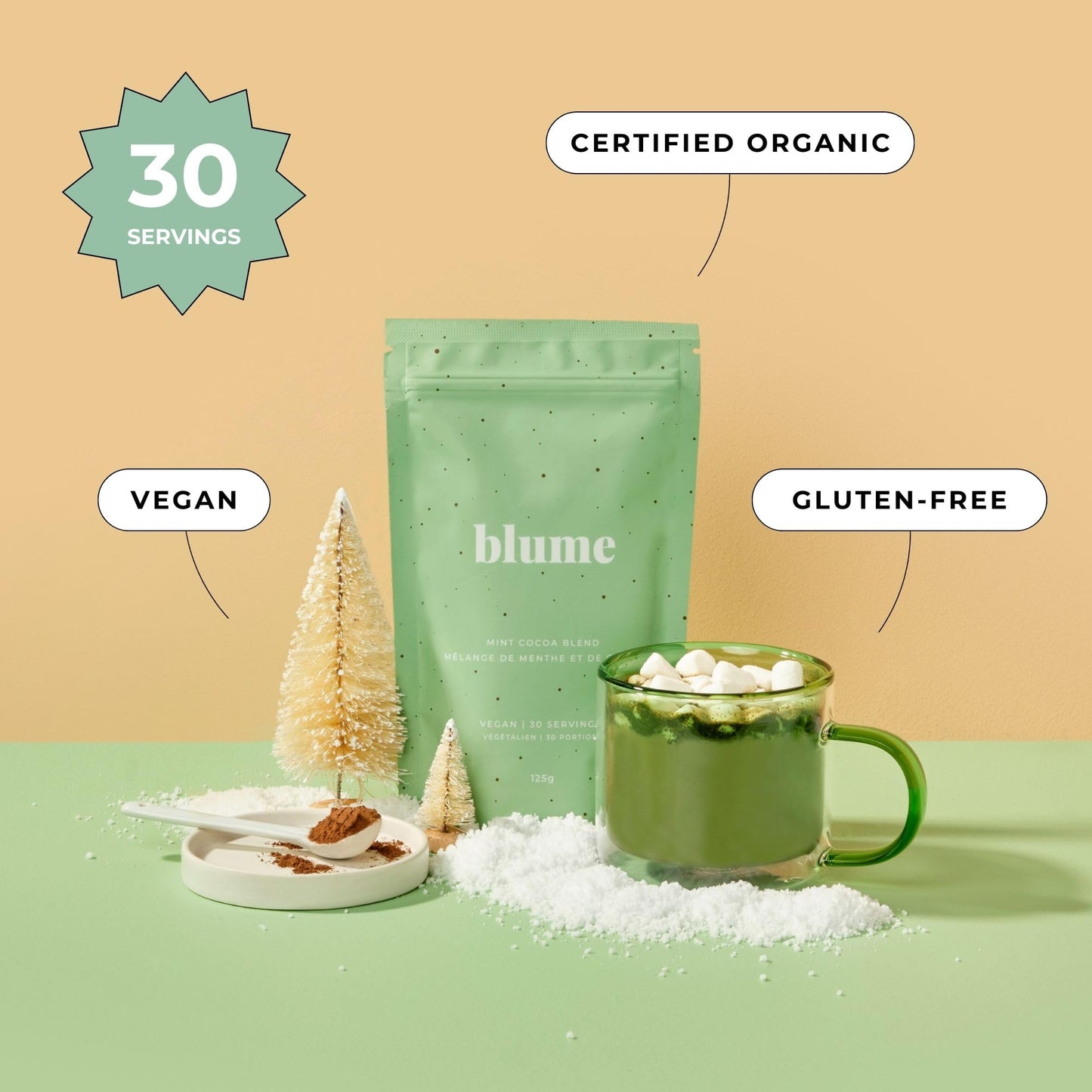Blume Peppermint Cacao Blend - Superfood Latte with Adaptogens - 3.5 oz - Keto Friendly & Vegan Hot Chocolate