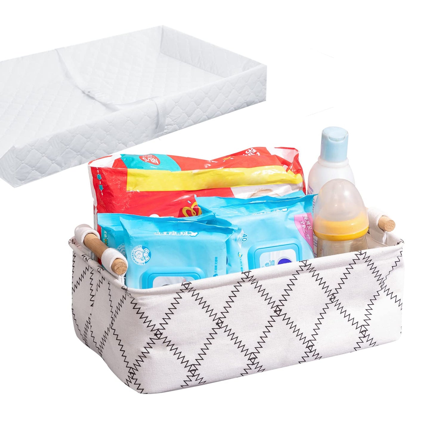 Lufofox Decorative Collapsible Rectangular Fabric Storage Bin Organizer Basket With Wooden Handles For Clothes Storage,154X106X5