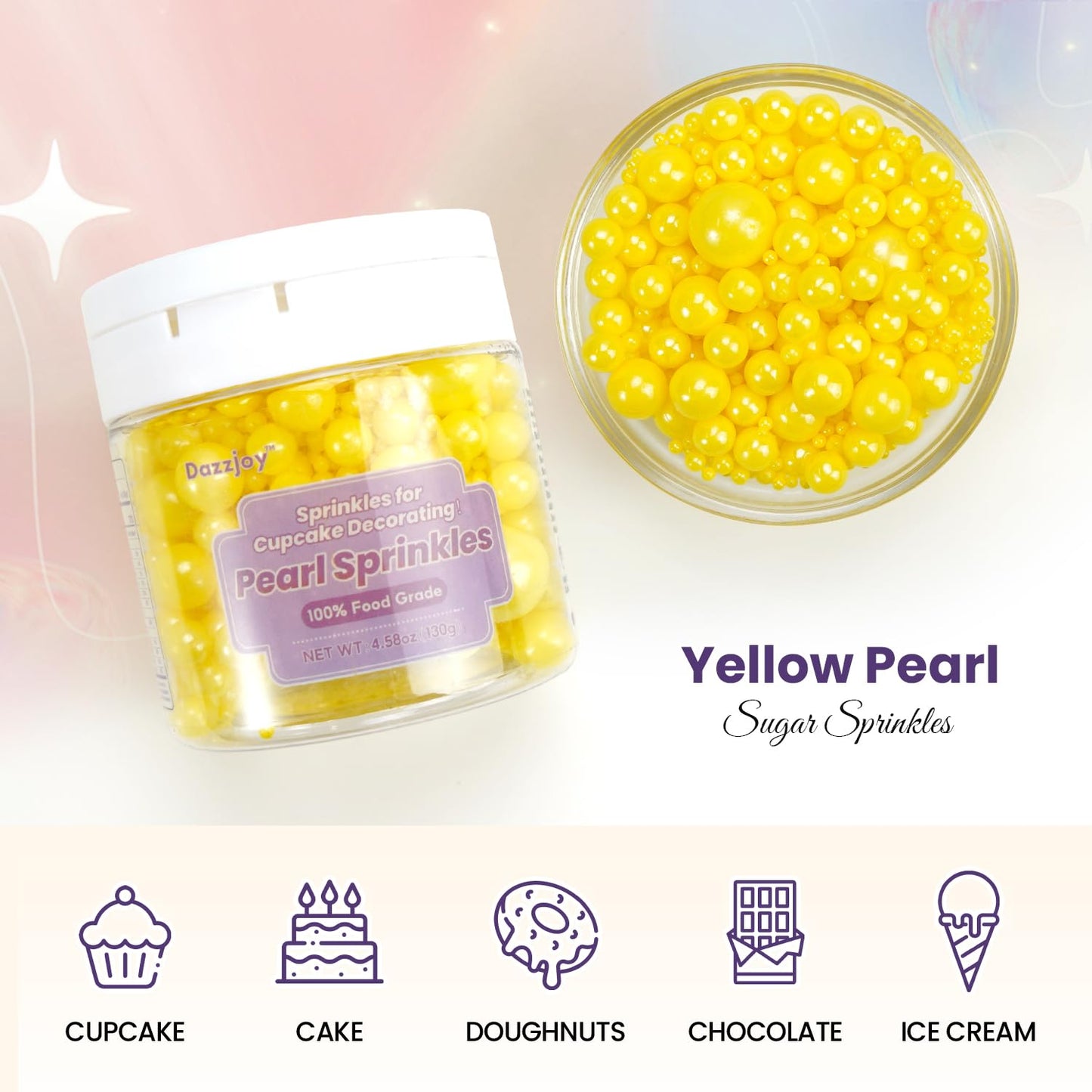 Dazzjoy Edible Pearls, Yellow Pearl Sugar Sprinkles, 130G/4.58Oz, Yellow Ball Pearls For Cake Decorating, Cupcake Toppers, Edibl