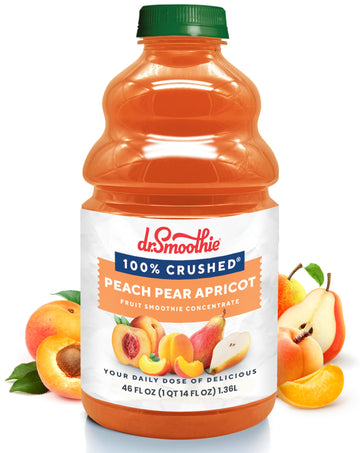 Dr. Smoothie 100% Crushed Peach Pear Apricot – No Added Sugar, Made With Real Fruits/Fruit Juice – Vegan, No Artificial Colors Or Flavors – Juicy Sweet Peaches, Tart Apricots & Pears – 46 Oz Bottle