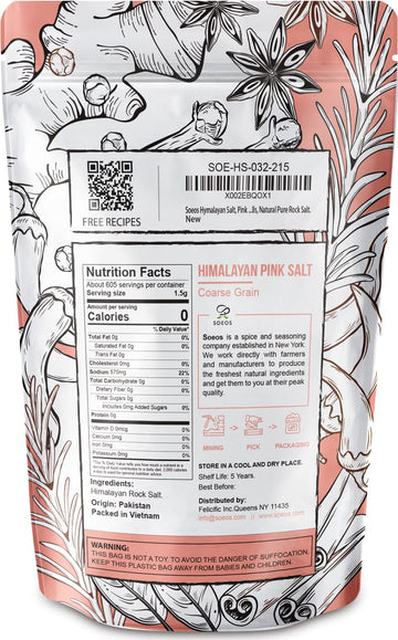 Soeos Himalayan Sea Salt, Coarse Grain, 32oz (2 Pound), Non-GMO Himalayan Pink Salt, Kosher Salt, Sea Salt for Grinder Refill
