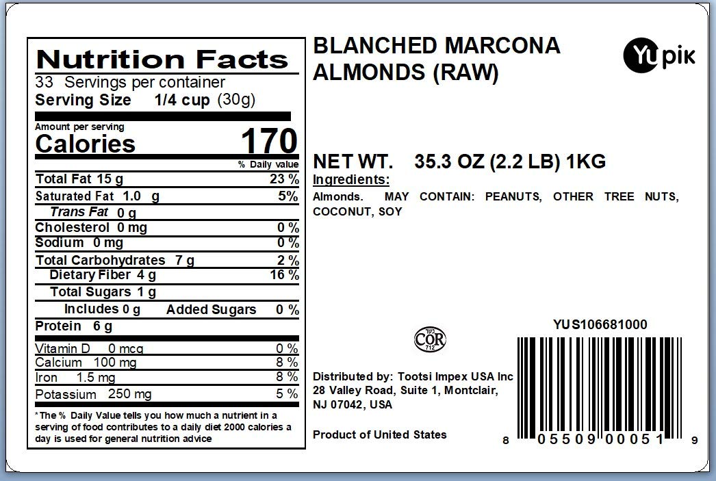 Yupik Blanched Marcona Almonds, 2.2 Lb, (Pack Of 6), Gluten-Free, Vegan, Kosher, Oil-Free, Raw Nuts, Unsalted, Skinless, Oil-Fre