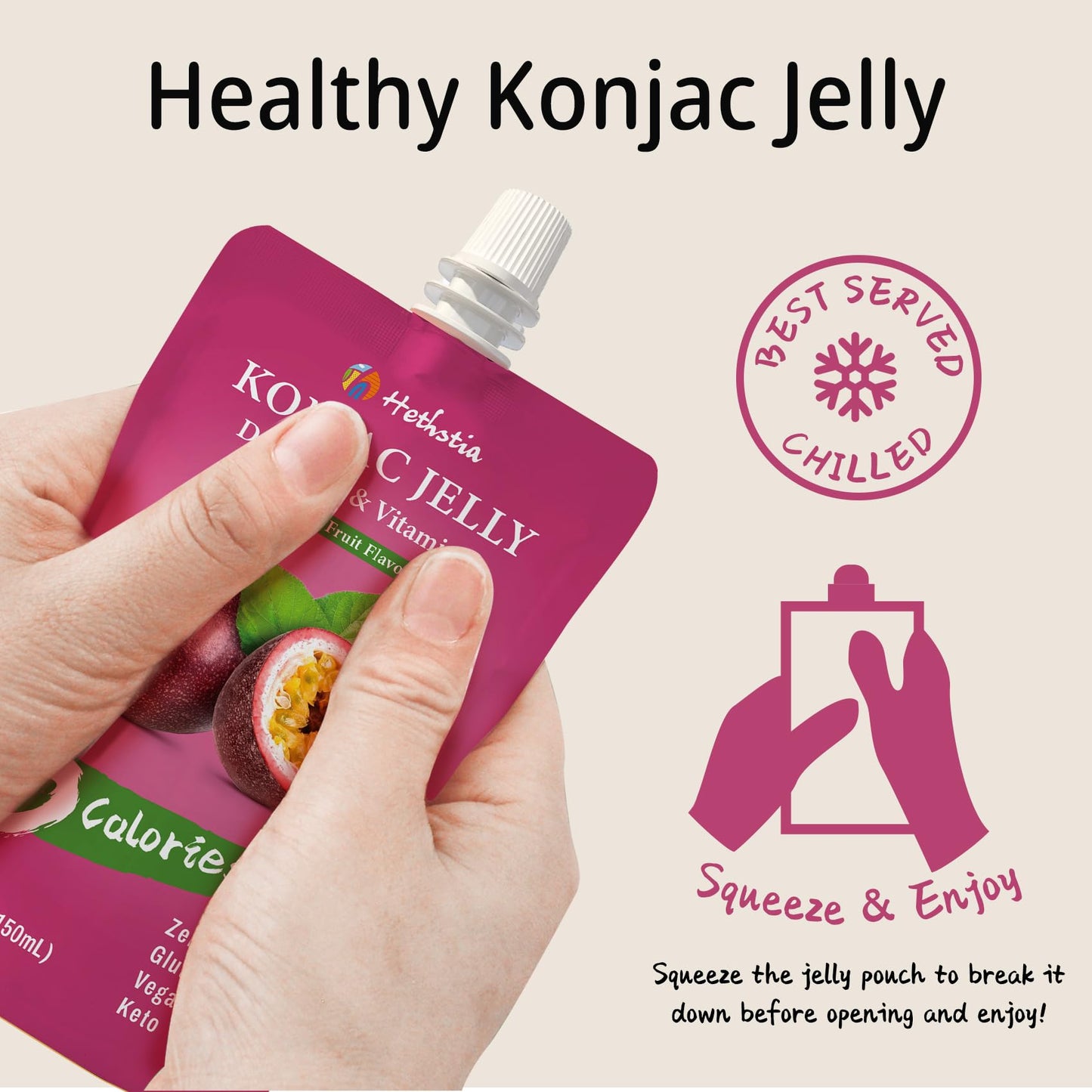Hethstia Konjac Jelly Drinkable Squeeze Pouch Passion Fruit Flavor, 3 Calories, 10 Packs, 0 Sugar, Vegan, Gluten Free, Keto, Vit