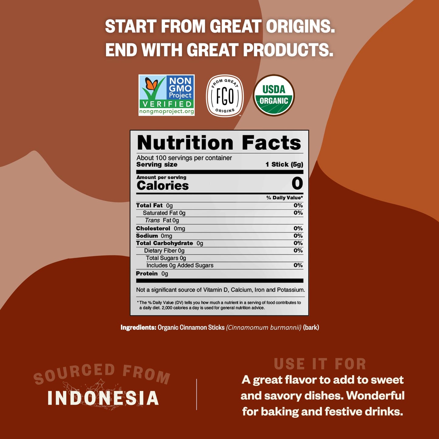 FGO Organic Korintje Cinnamon Sticks, 100% Raw from Indonesia, 25+ Sticks 2 3/4'', Packaging May Vary (Pack of 1)