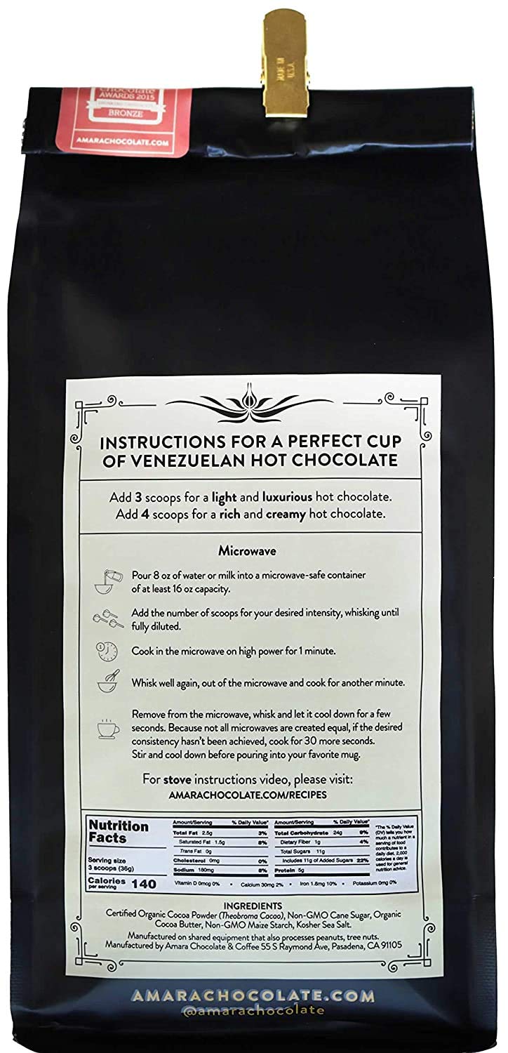 AMARA UNIQUE VENEZUELAN FLAVORS Hot Chocolate Refill Bag, Dark Chocolate Blend, 32 oz, Organic Cacao Powder