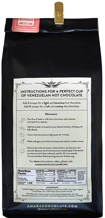 AMARA UNIQUE VENEZUELAN FLAVORS Hot Chocolate Refill Bag, Dark Chocolate Blend, 32 oz, Organic Cacao Powder