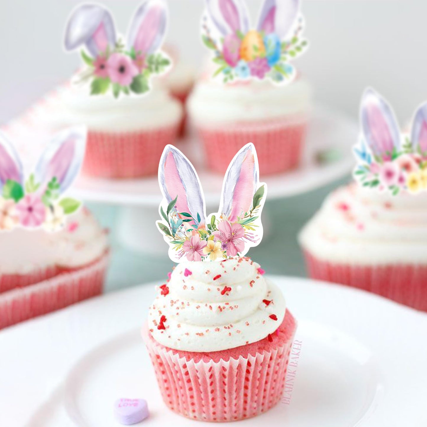 42Pcs Edible Easter Bunny Ear Cupcake Toppers Wafer Paper Happy Easter Cake Picks Easter Theme Birthday Party Spring Kids Cake D